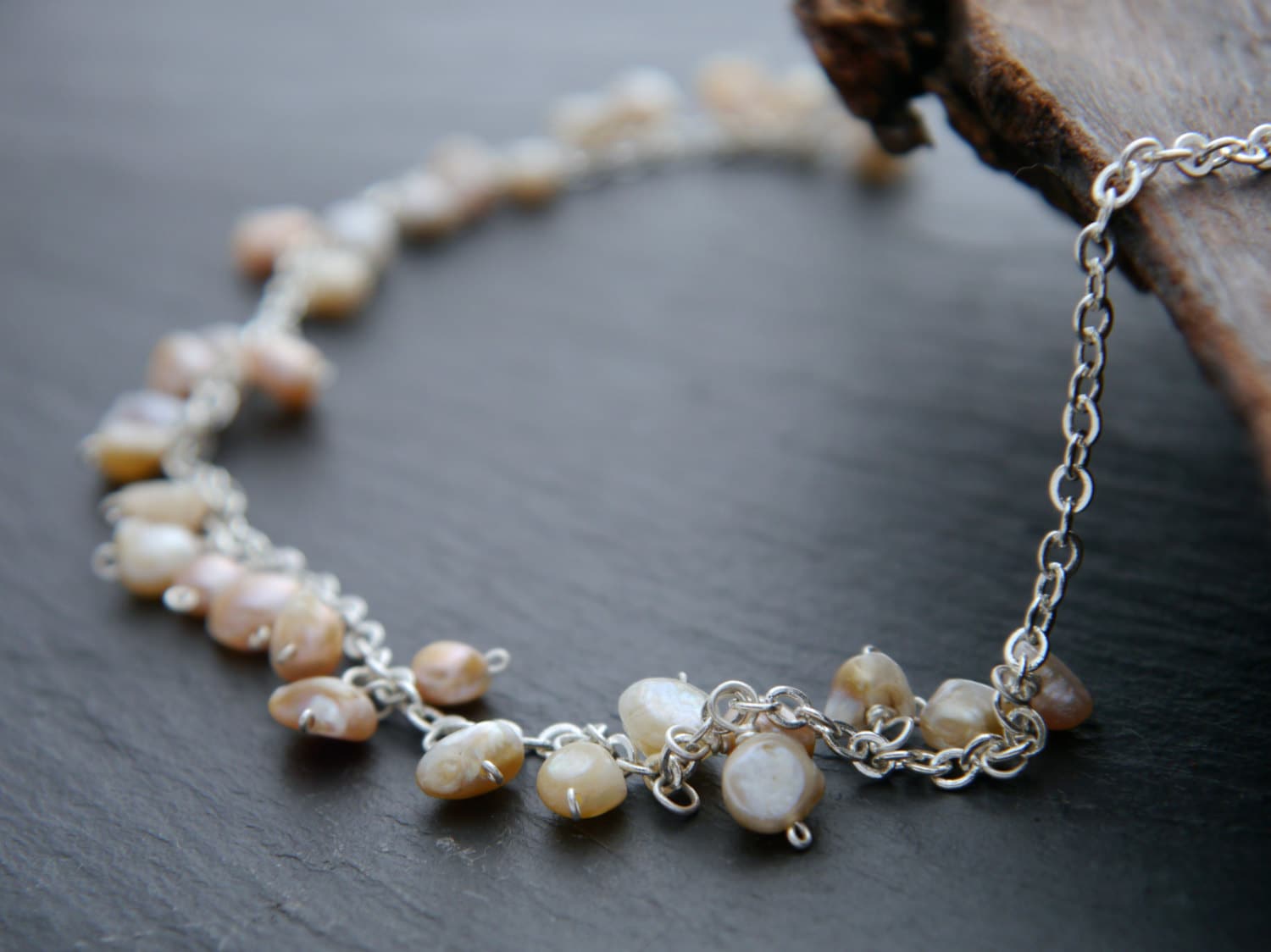 Freshwater Pink Pearl Floral Vine Gemstone Necklace, Sterling Silver, Wedding Jewelry