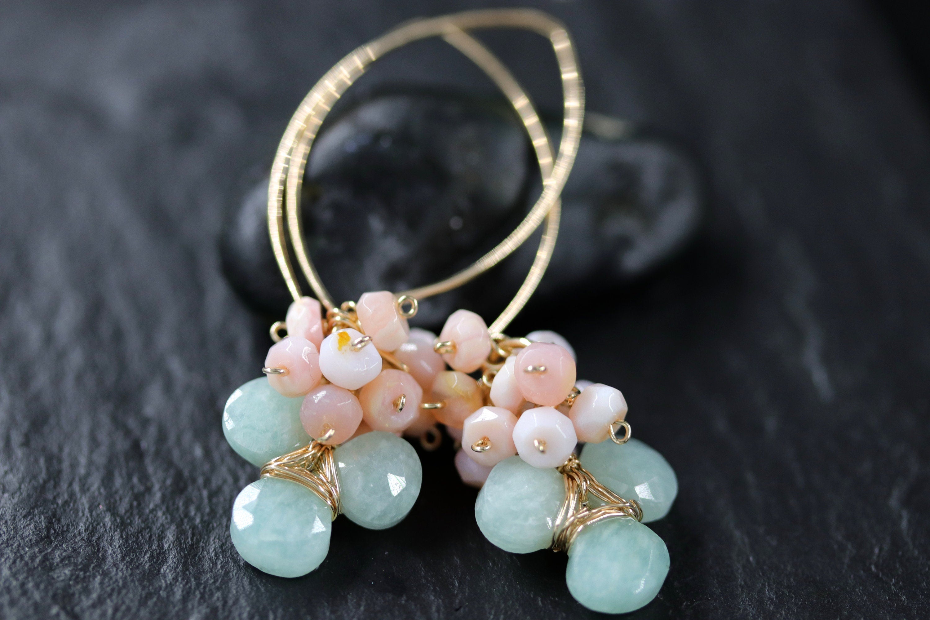 Pink Opal Floral Hoop Gemstone Earrings, 14K Gold Filled Garden Wedding