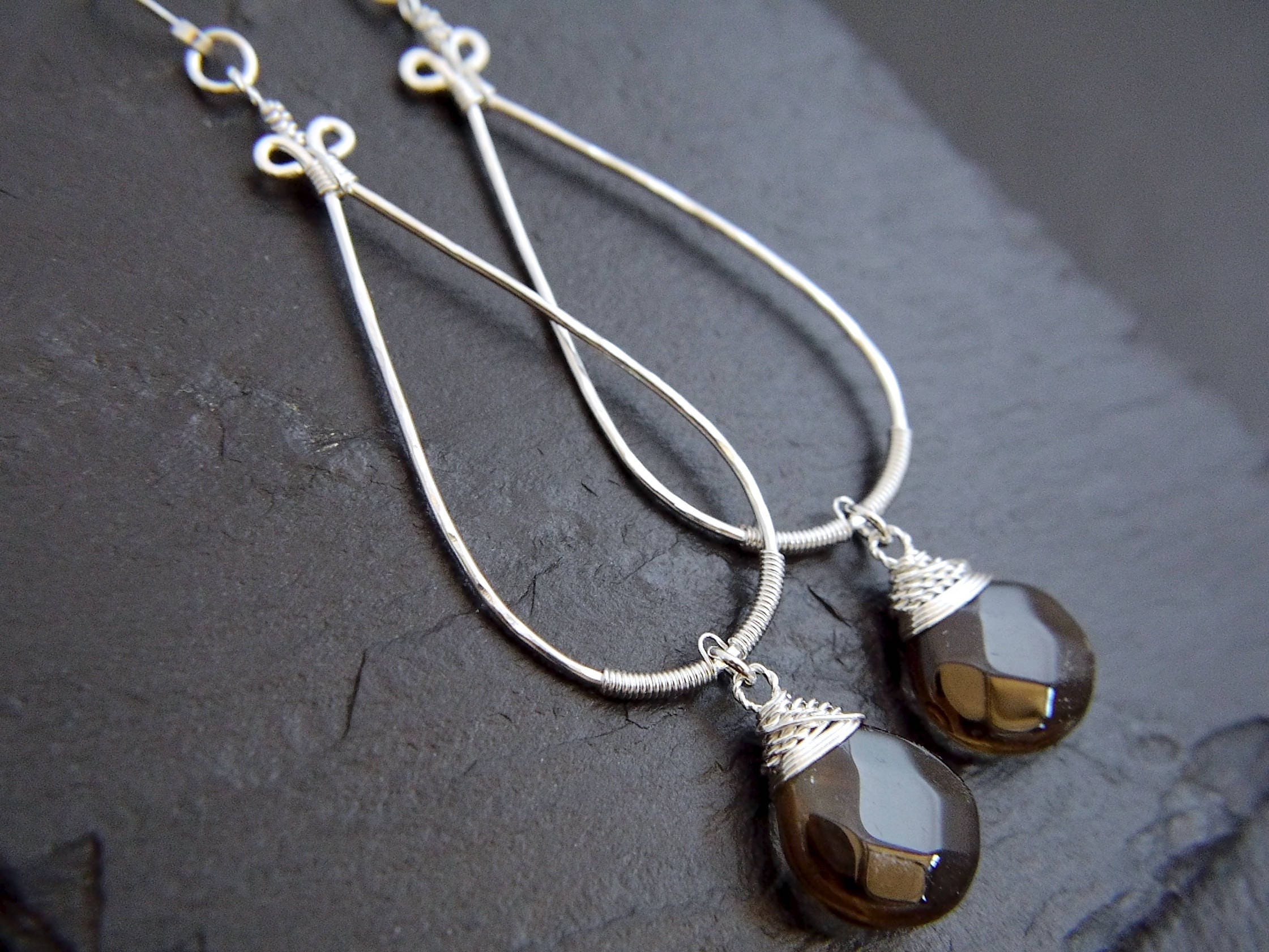 Smokey Quartz Wire Wrapped Teardrop Hoop Gemstone Earrings, Sterling Silver