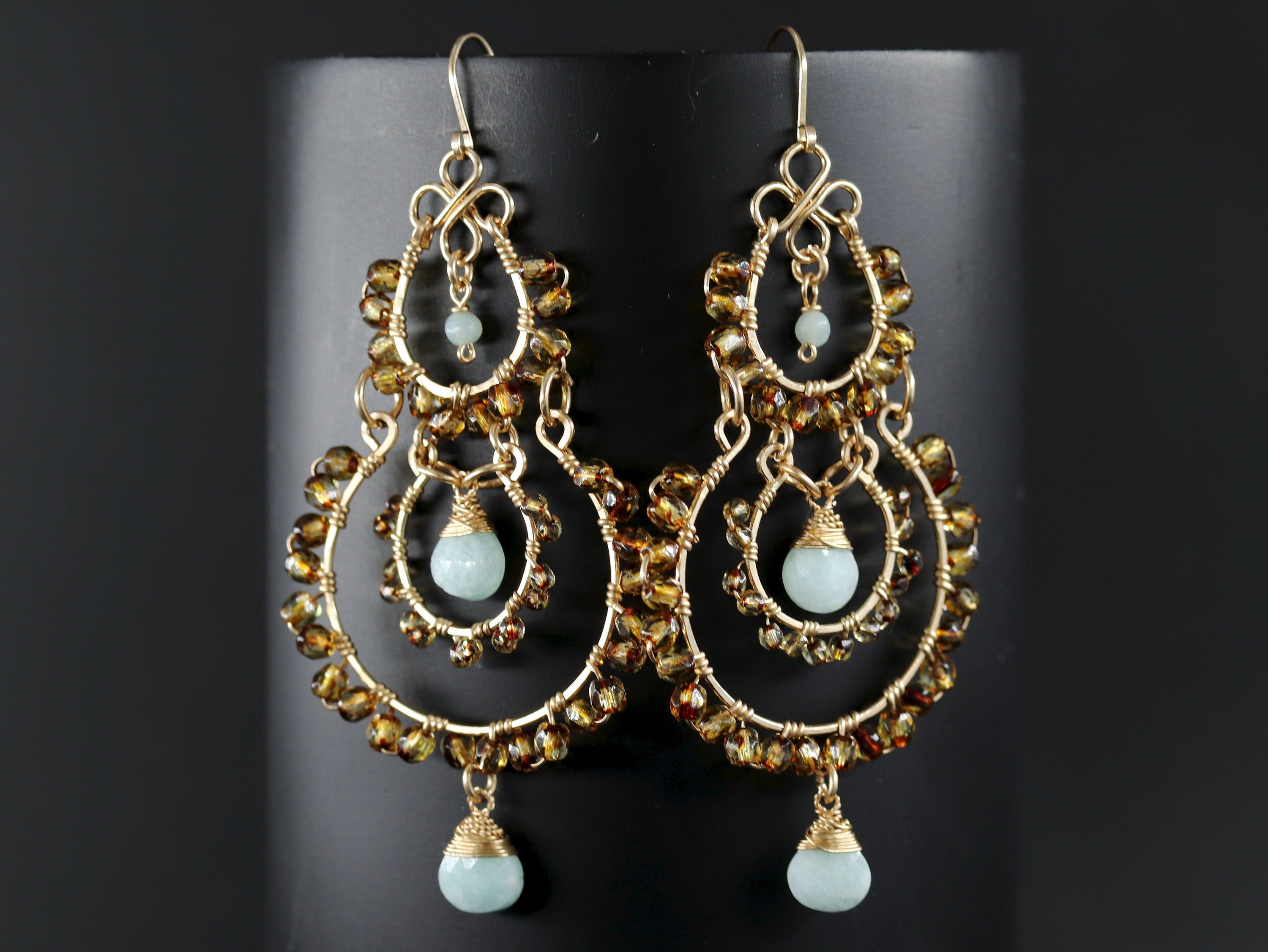 Amazonite Tortoiseshell Chandelier Earrings, 14K Gold Filled Boho Dangle, Earth Tone Jewelry
