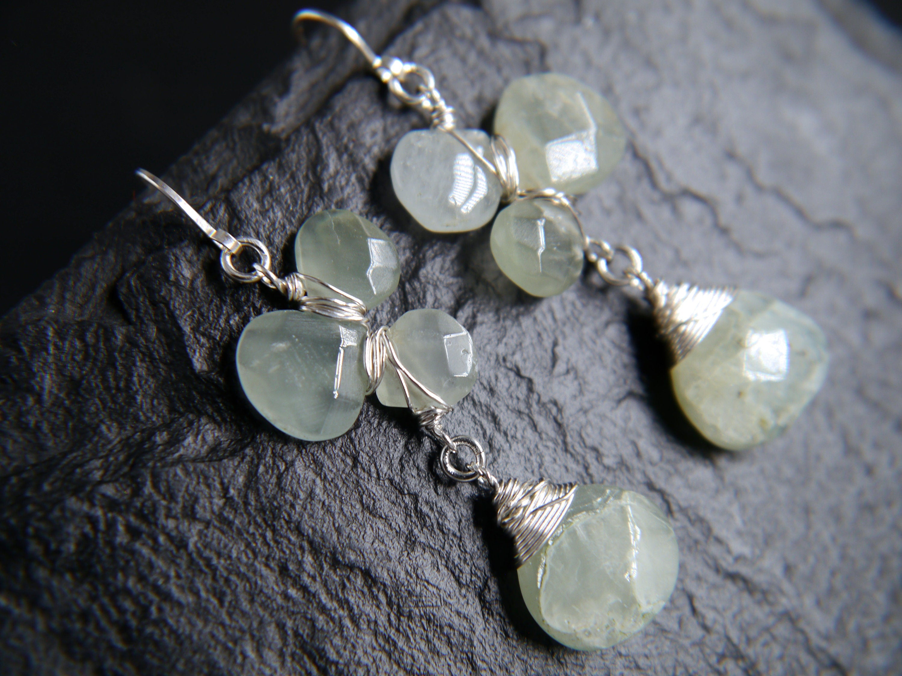Aquamarine Flower Gemstone Earrings, Sterling Silver Wire Wrapped, Garden Wedding