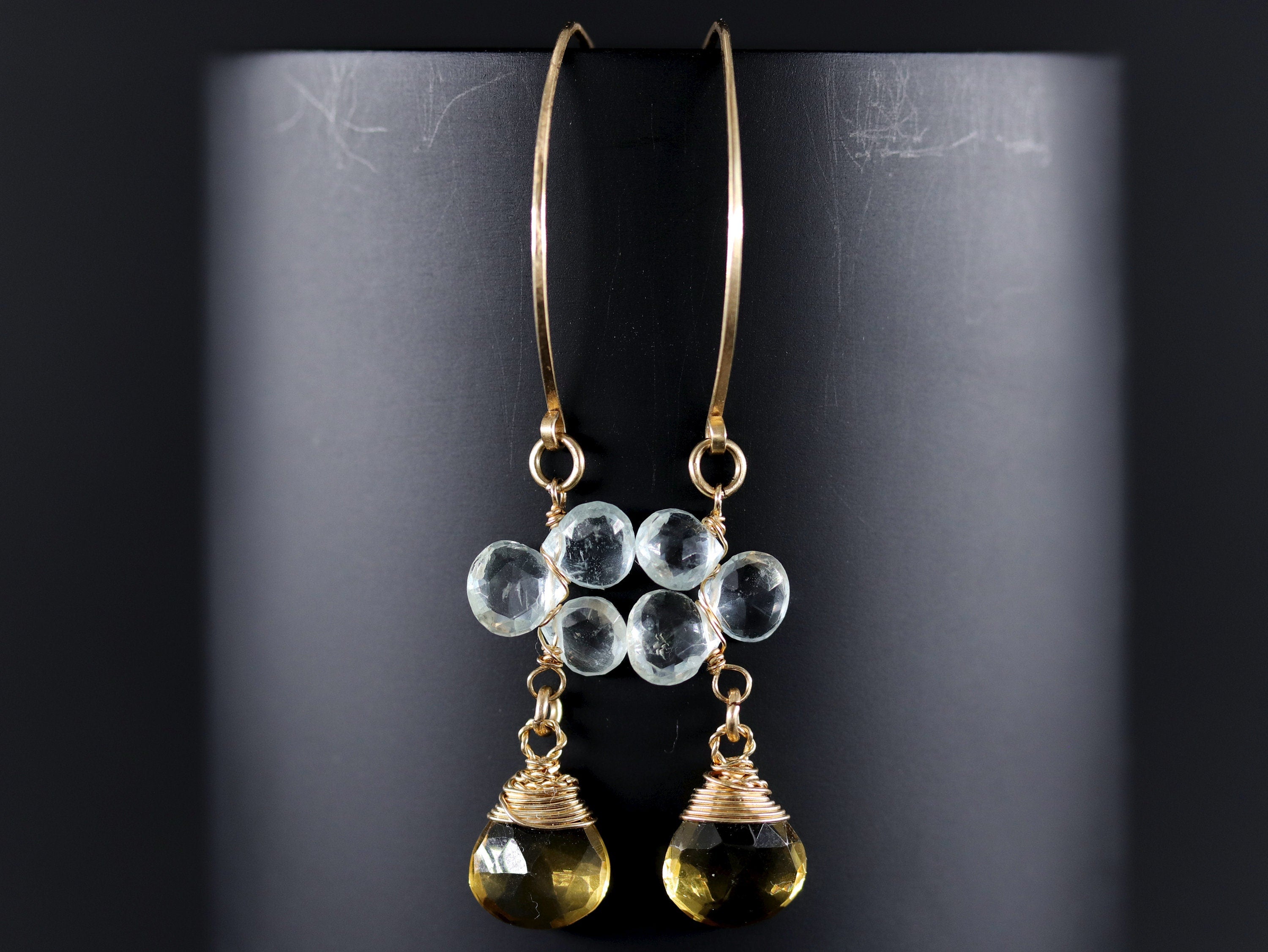 Aquamarine Citrine Floral Hoop Gemstone Earrings, 14K Gold Filled Bohemian Chic