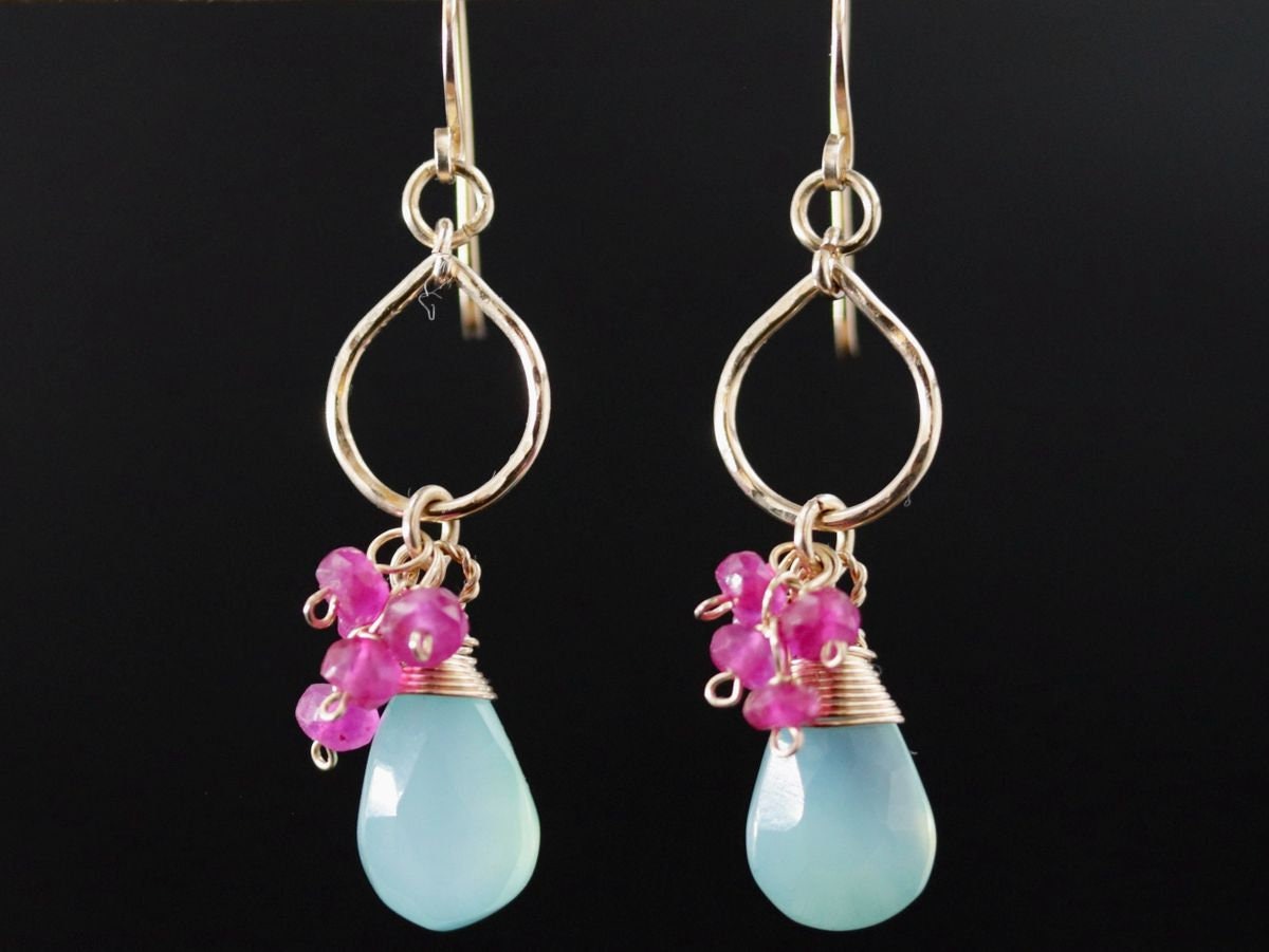 Aqua Chalcedony Ruby Floral Gemstone Earrings, 14K Gold Filled Boho Jewelry