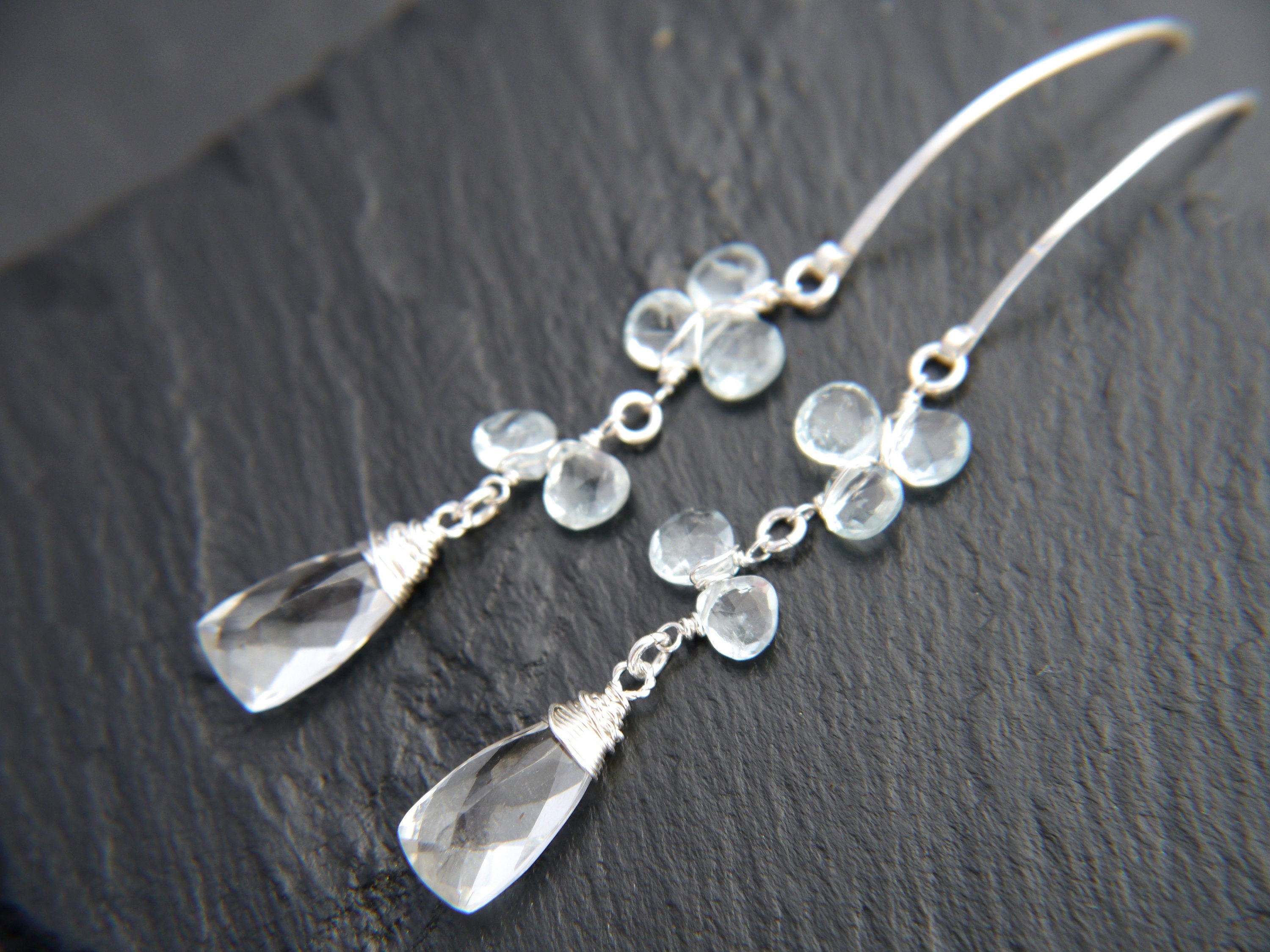 Aquamarine Quartz Trillion Hoop Gemstone Earrings, Sterling Silver, Garden Wedding