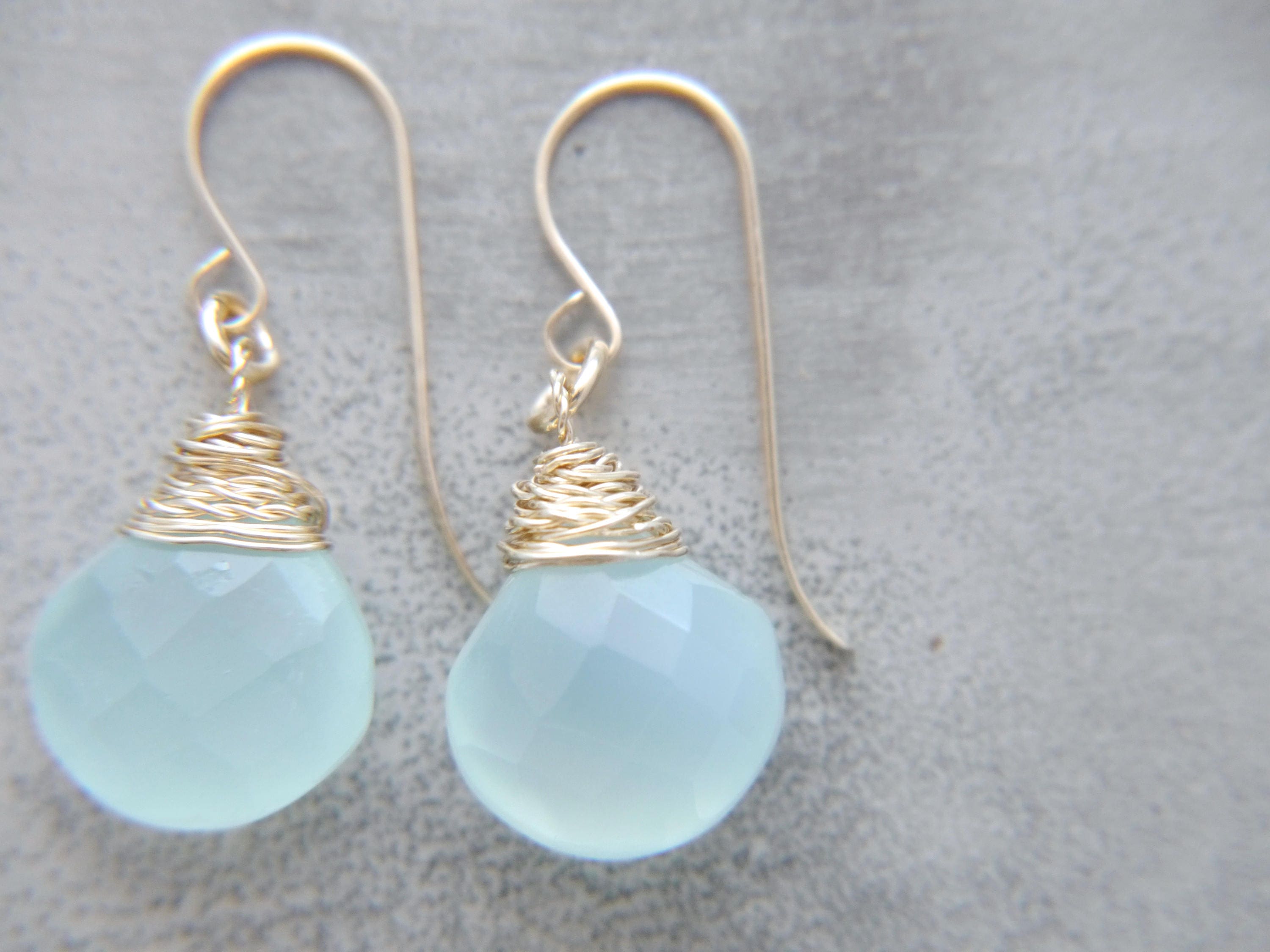 Blue Green Chalcedony Heart Briolette Teardrop Gemstone Earrings, 14K Gold Filled Bohemian Style