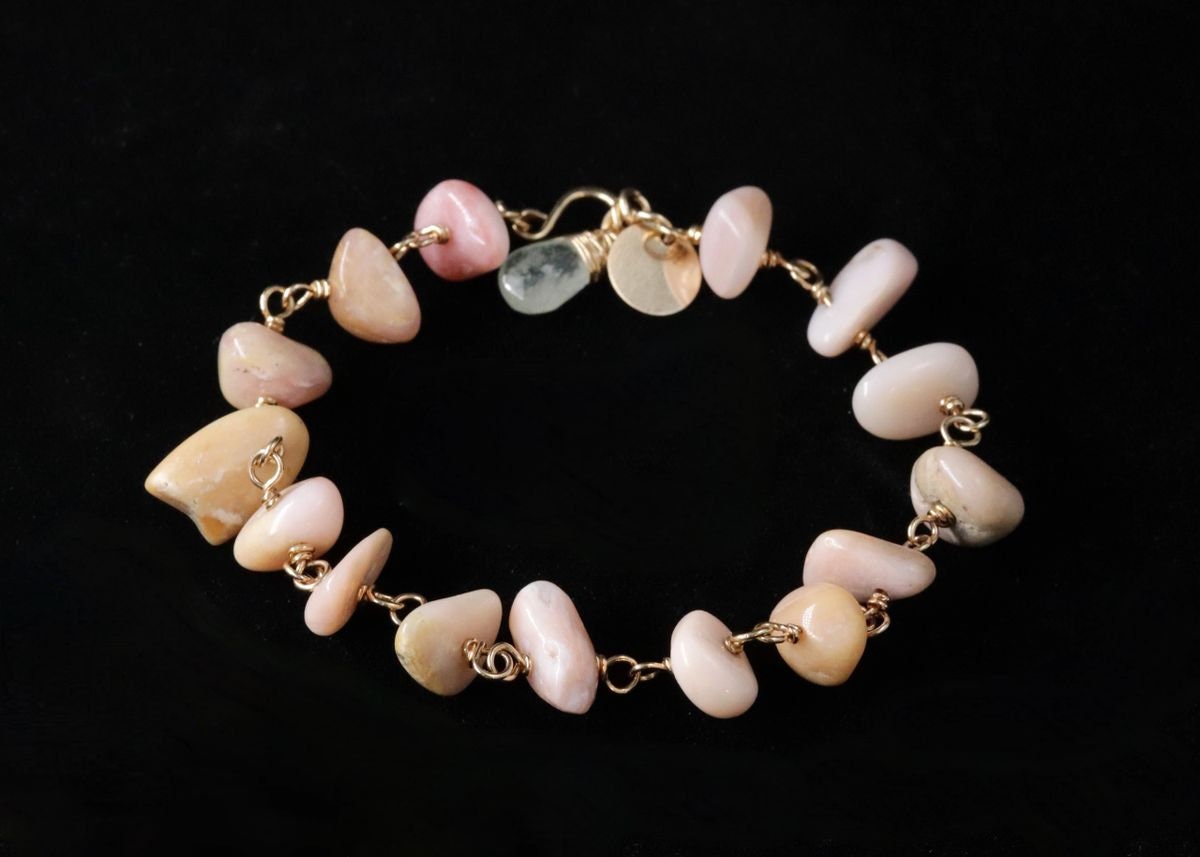 Pink Opal Aquamarine 14K Gold Filled Gemstone Bracelet, Pastel Beaded Jewelry