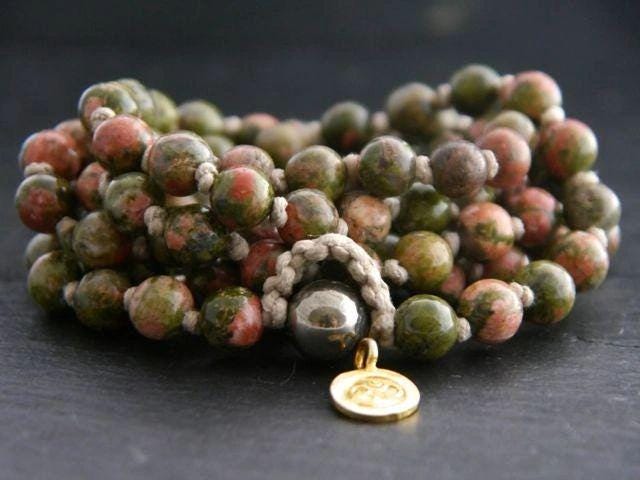 Green Pink Unakite Mala Beads, 108 Gemstone Beads, Wrap, Hand Knotted