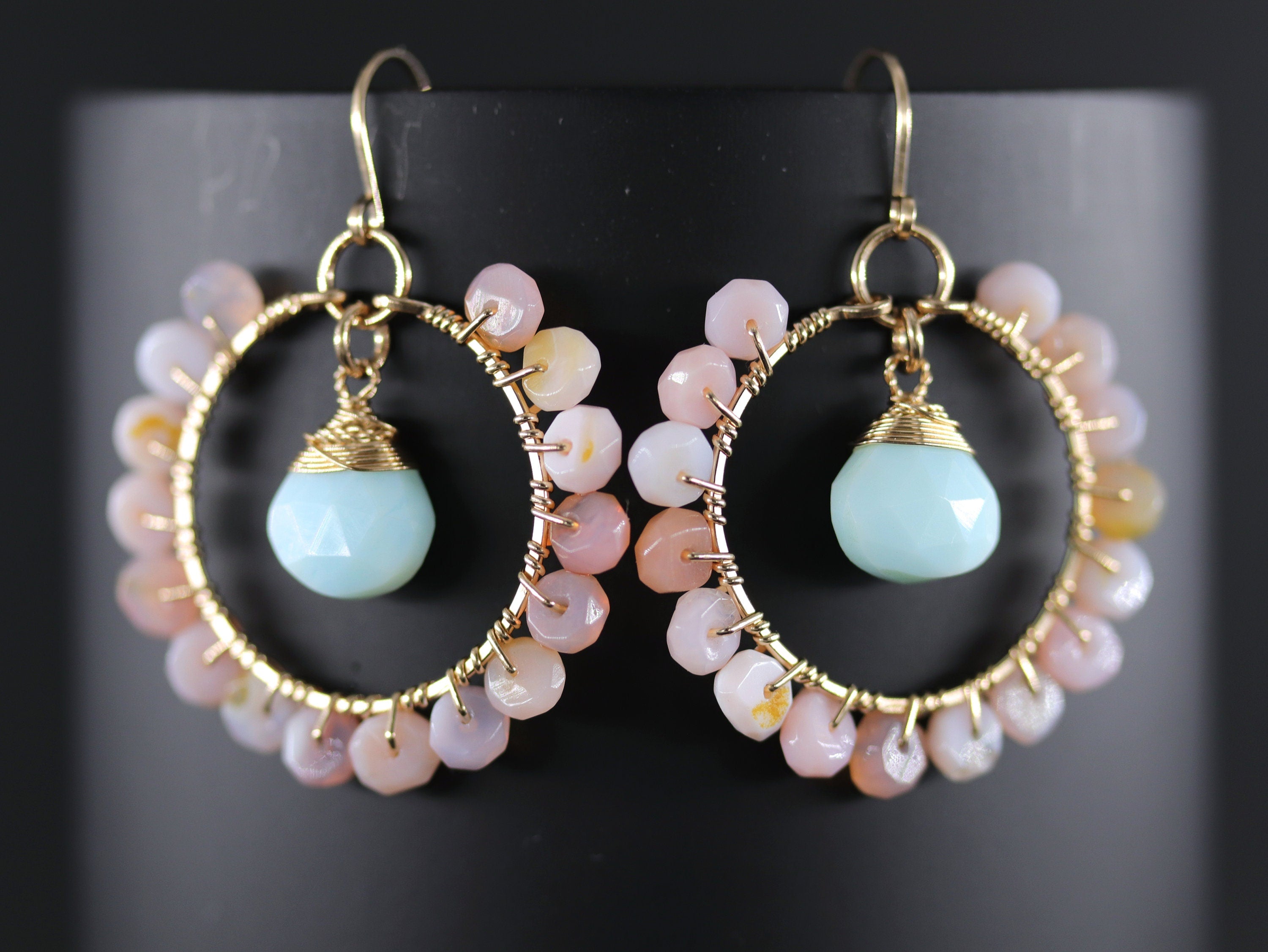 Blue Pink Opal Floral Hoop Gemstone Earrings, 14K Gold Filled Boho Chic Jewelry