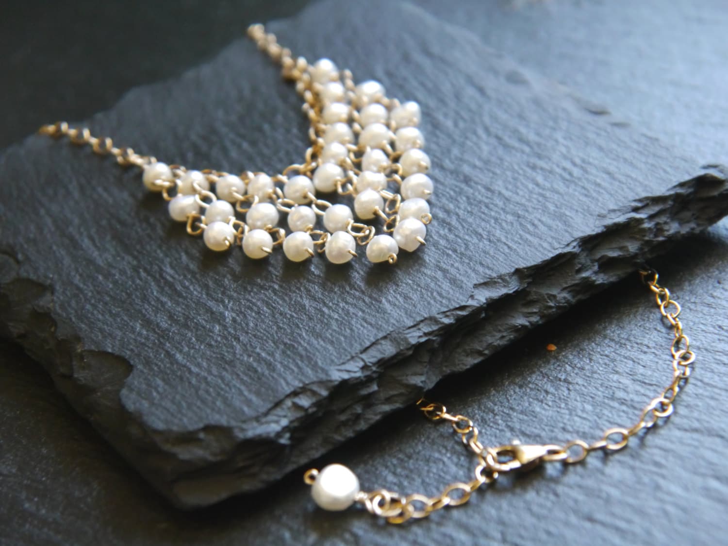 Gold Filled Pearl Tassel Bib Necklace, Bohemian Wedding Jewelry
