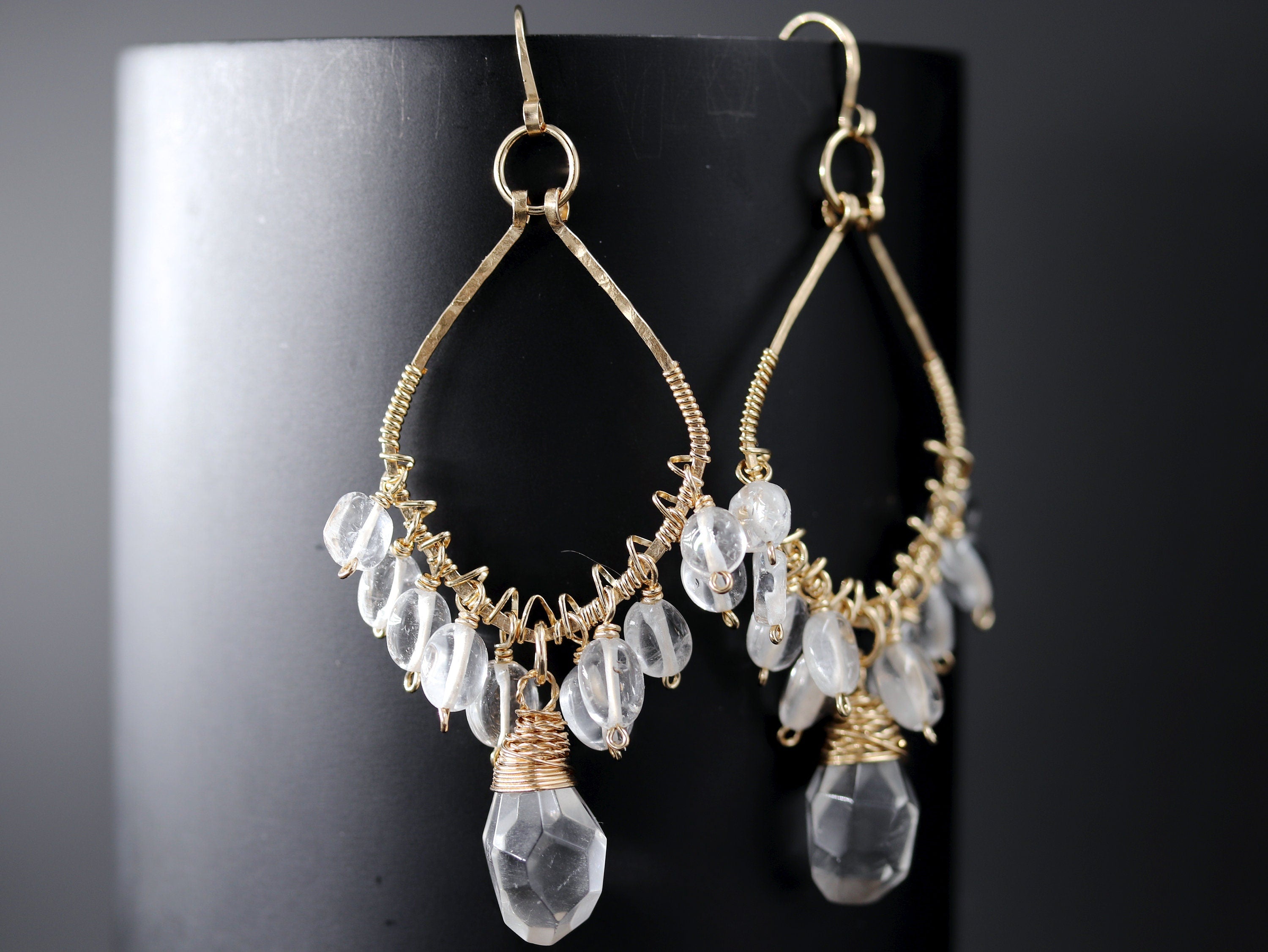 Clear Quartz Chandelier Gemstone Earrings, 14K Gold Filled Dangle Bridal
