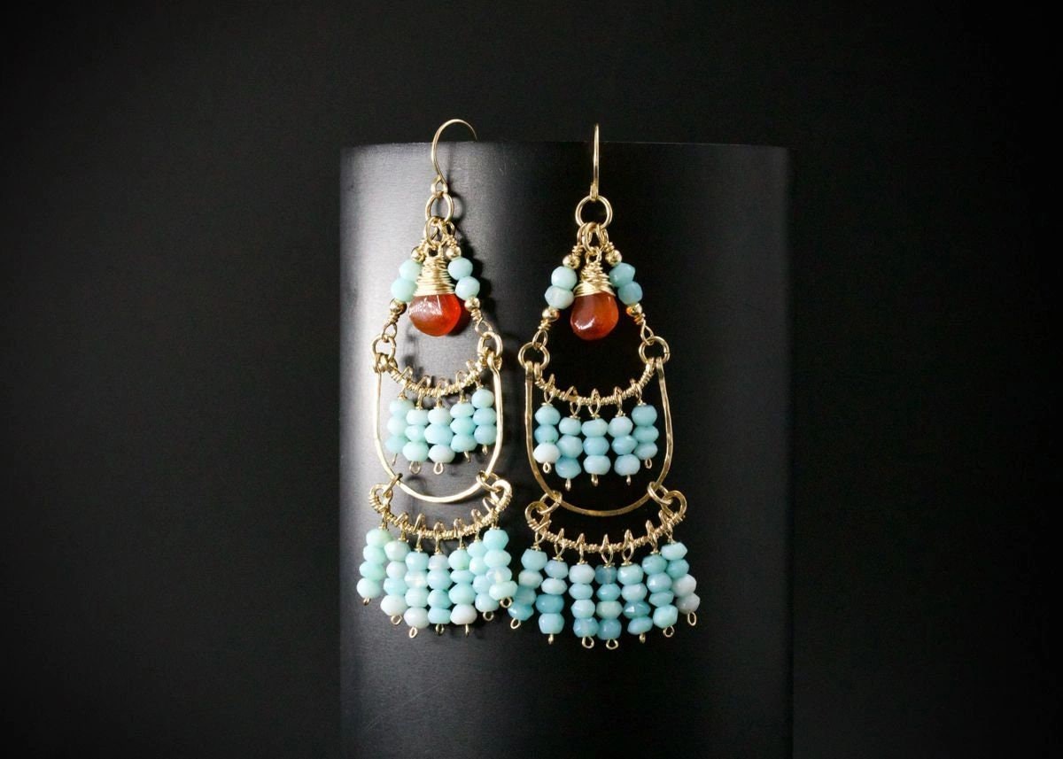 Carnelian Amazonite Chandelier Fringe Gemstone Earrings, 14K Gold Filled Unique Boho