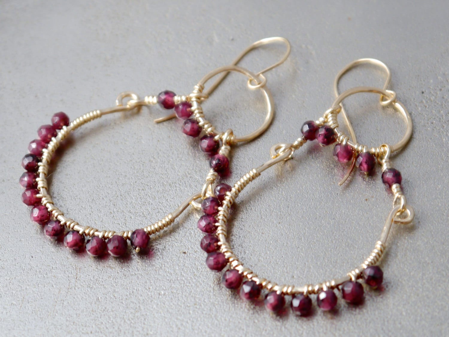 Red Garnet Petal Chandelier Hoop Gemstone Earrings, 14K Gold Filled