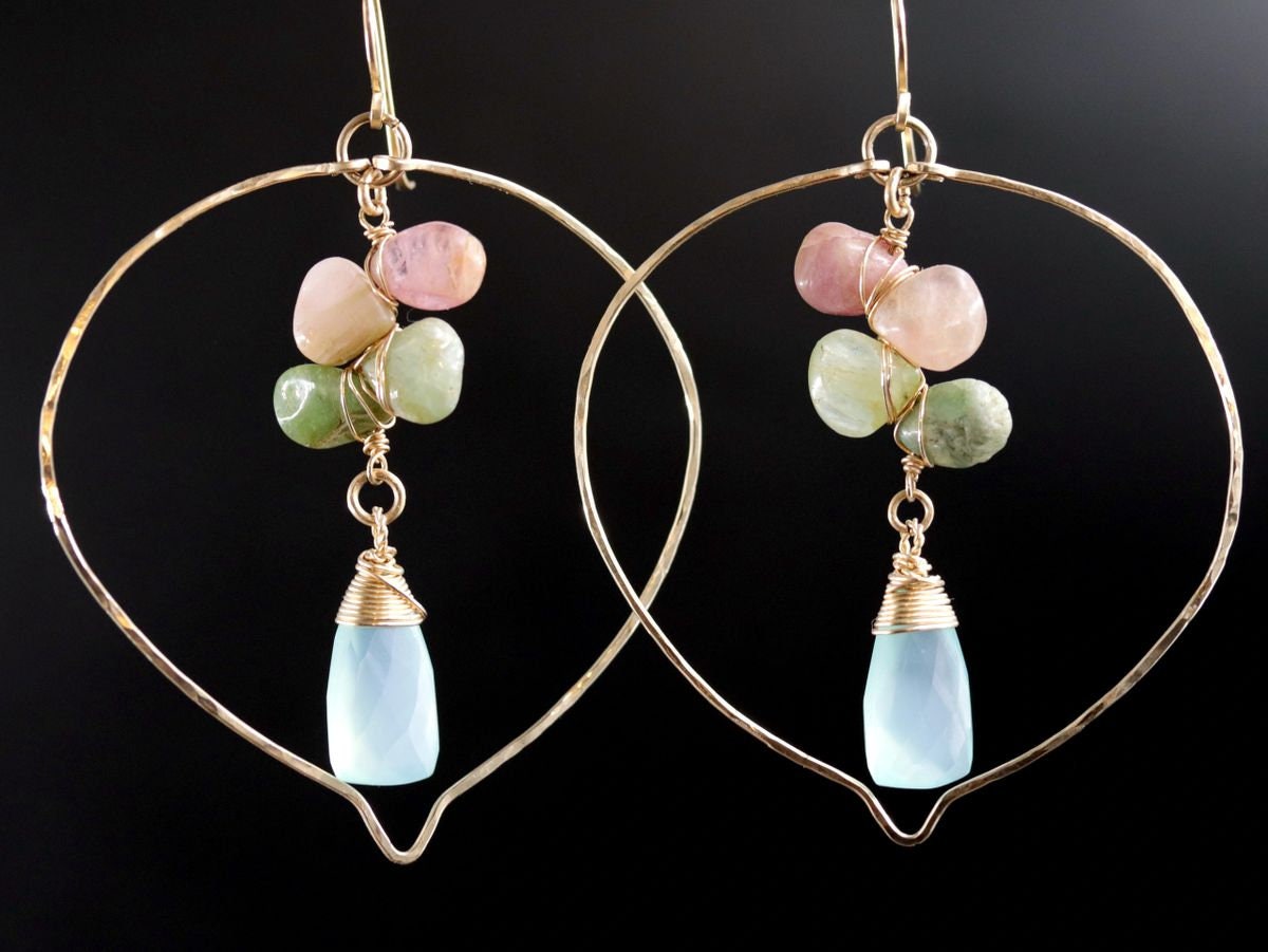 Aqua Chalcedony Tourmaline Floral Chandelier Gemstone Earrings, 14K Gold Filled