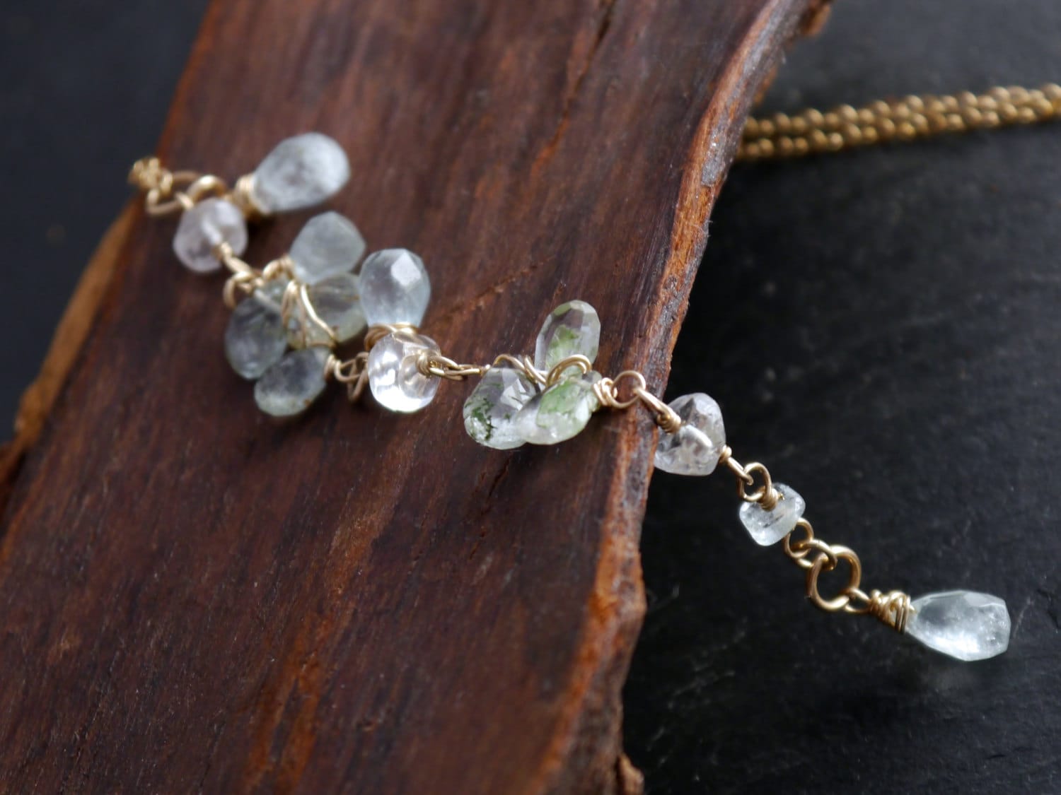 Wire Wrapped Aquamarine Briolette Lariat Y Gemstone Necklace, 14K Gold Filled, Bridal