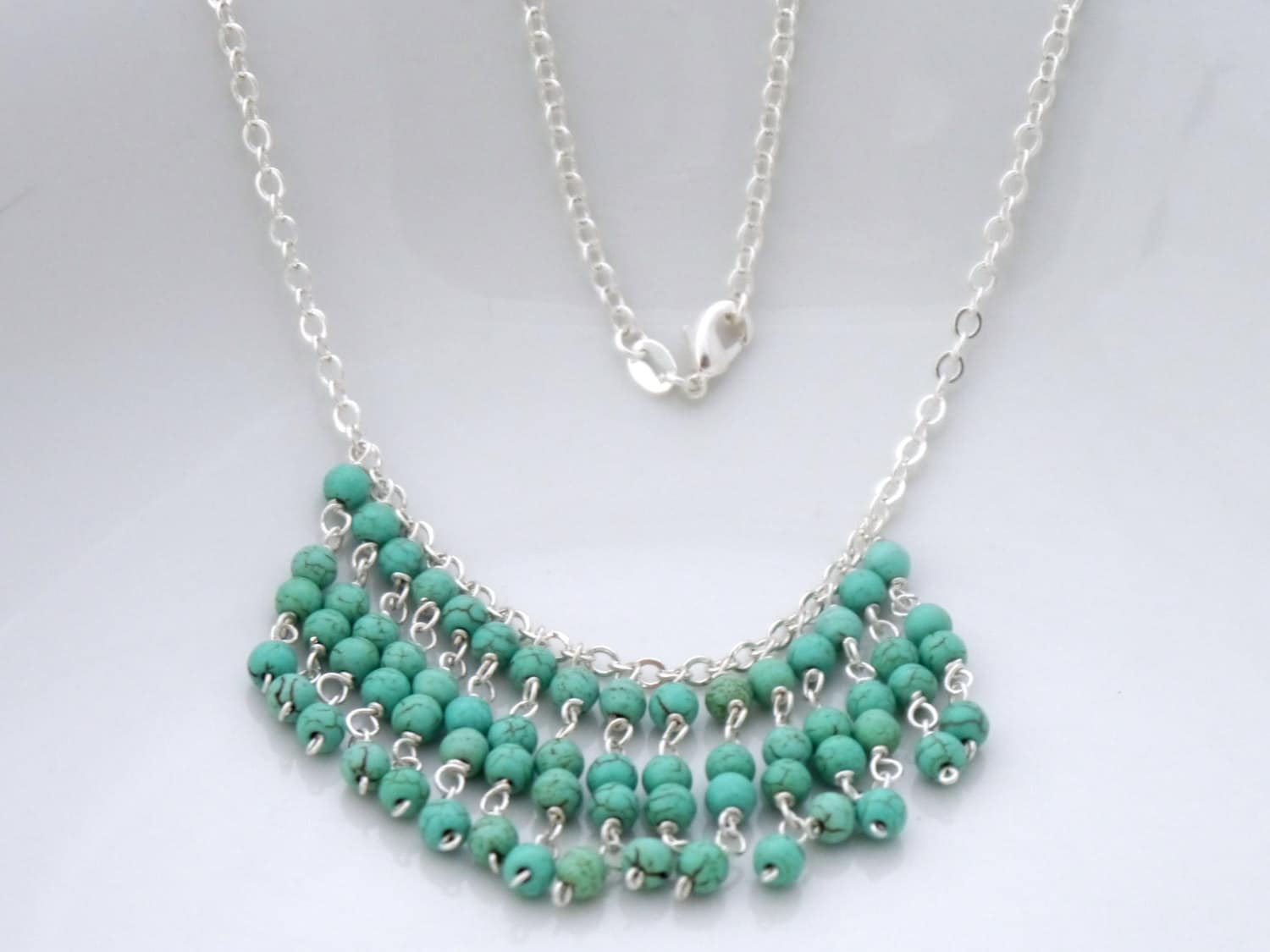 Turquoise Magnesite Tassel Chain Gemstone Necklace, Sterling Silver, Bohemian