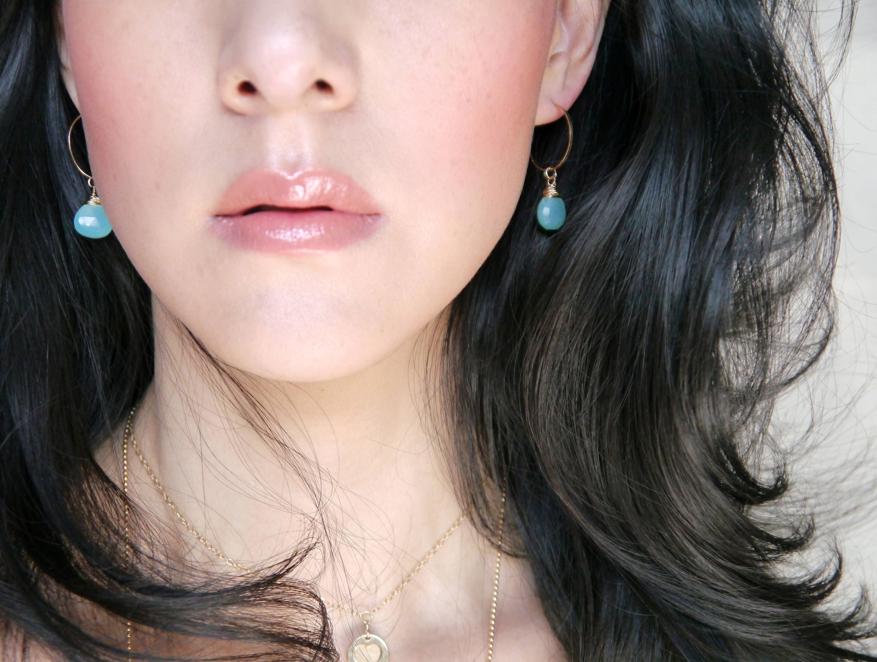 Aqua Chalcedony Heart Briolette Hoop Gemstone Earrings, 14K Gold Filled Classic