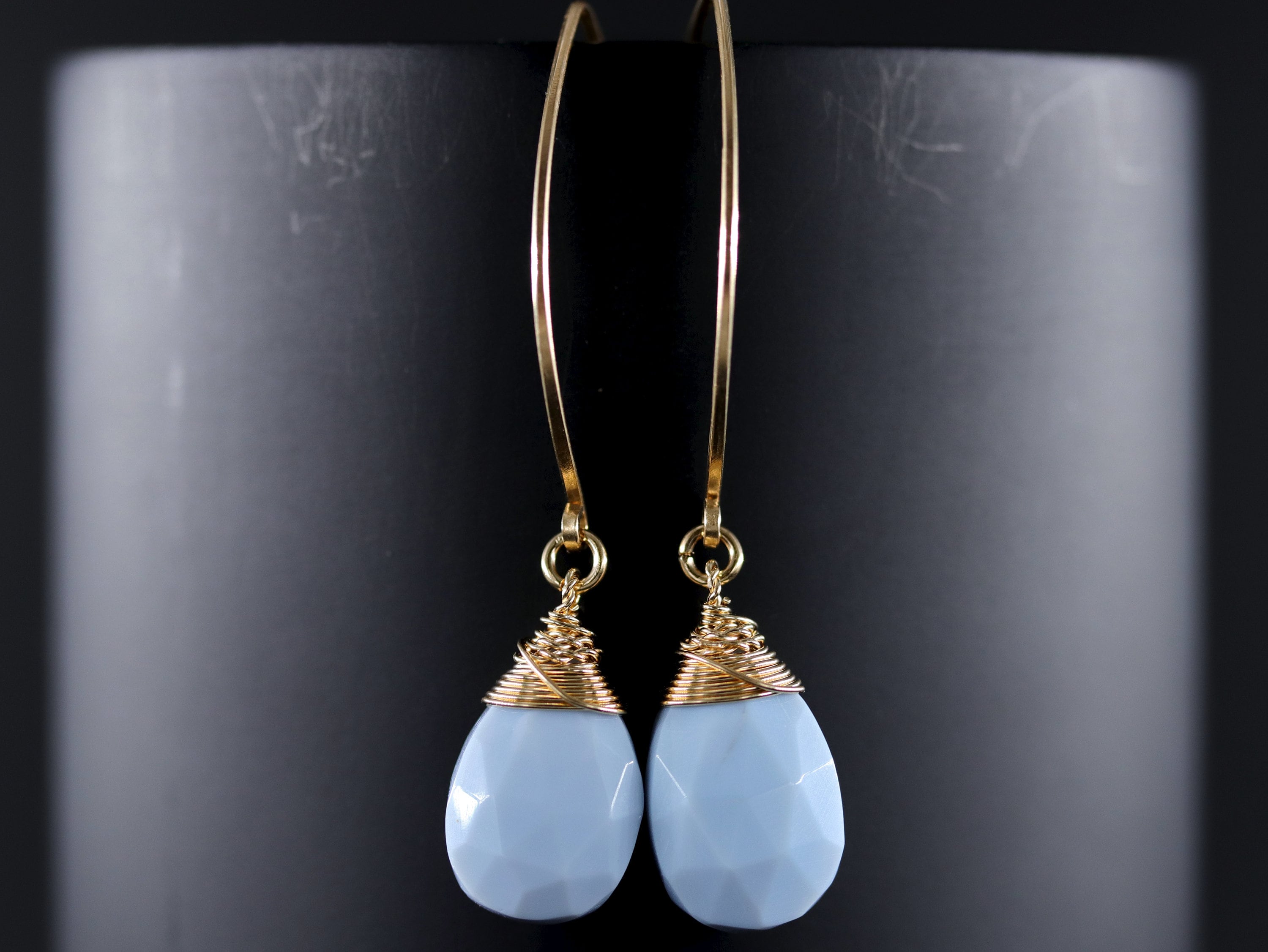 Blue Opal Teardrop Long Hoop Gemstone Earrings, 14K Gold Filled Minimalist