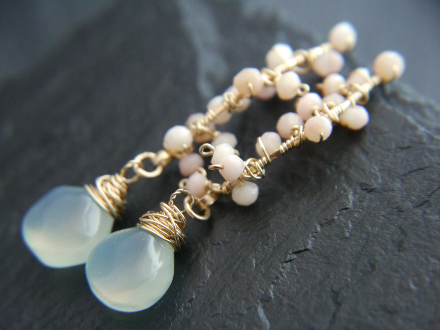 Aqua Chalcedony Briolette Labradorite Cluster Gemstone Earrings, 14K Gold Filled Romantic Style