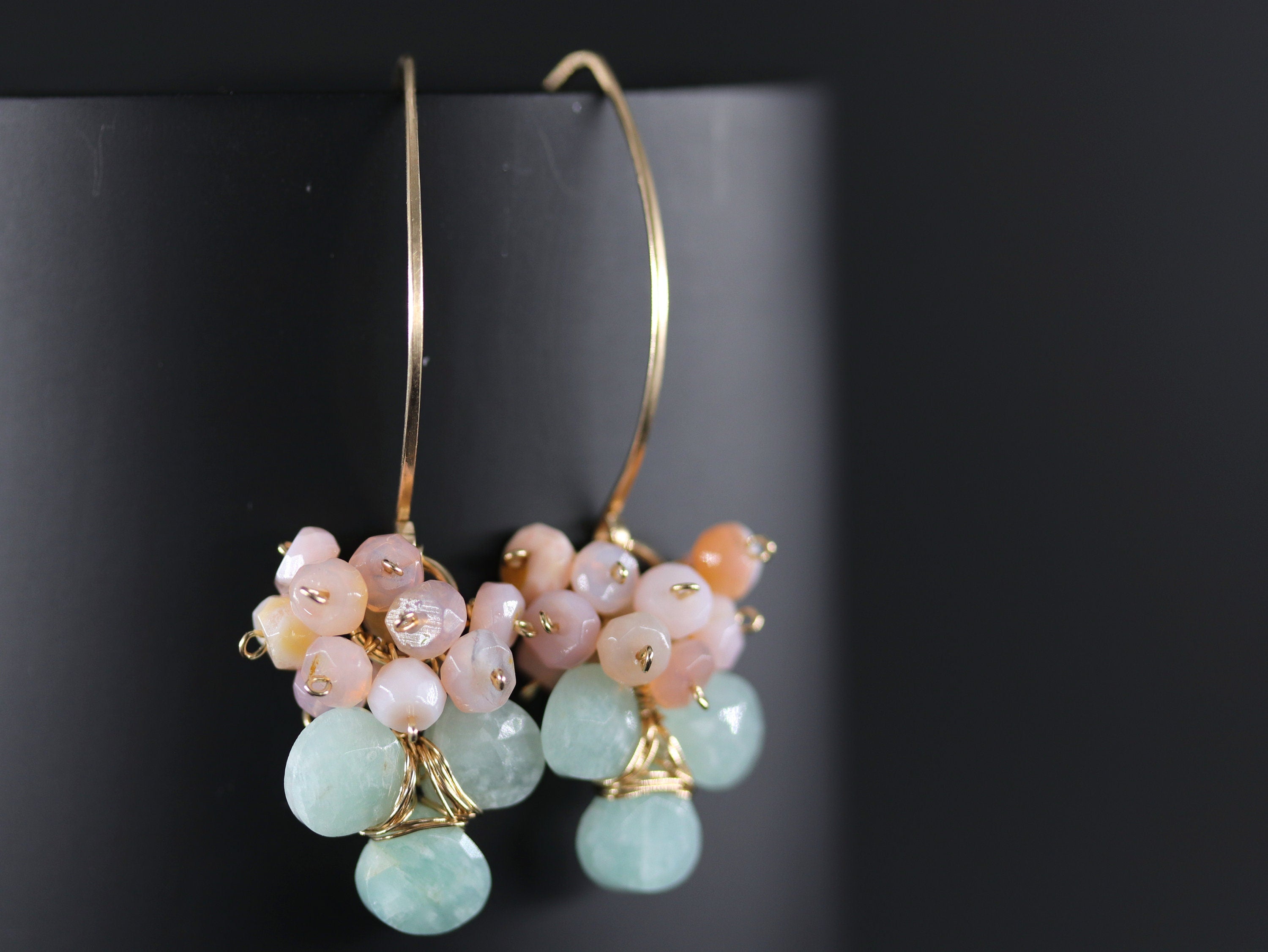 Pink Opal Floral Hoop Gemstone Earrings, 14K Gold Filled Garden Wedding