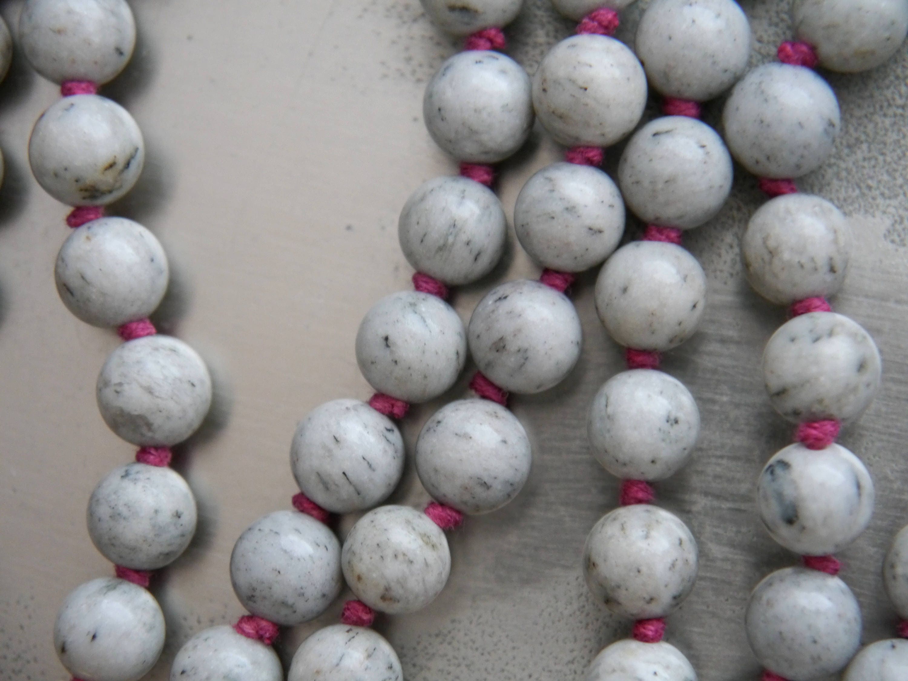 Gray Feldspar 108 Mala Bead , Wrap, Hand Knotted Tibetan Prayer Beads