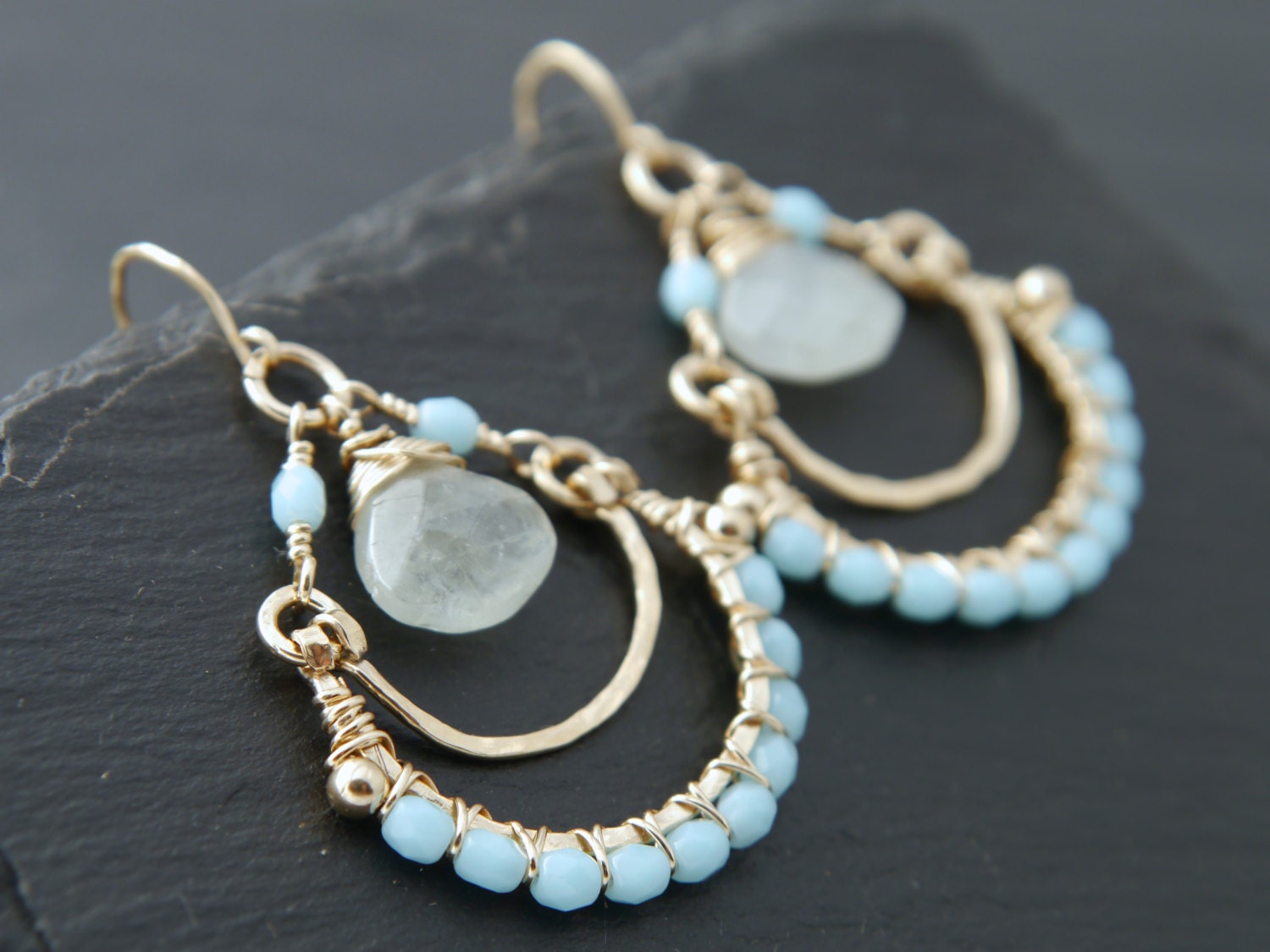 Aquamarine Hoop Gemstone Earrings, 14K Gold Filled Bohemian Style