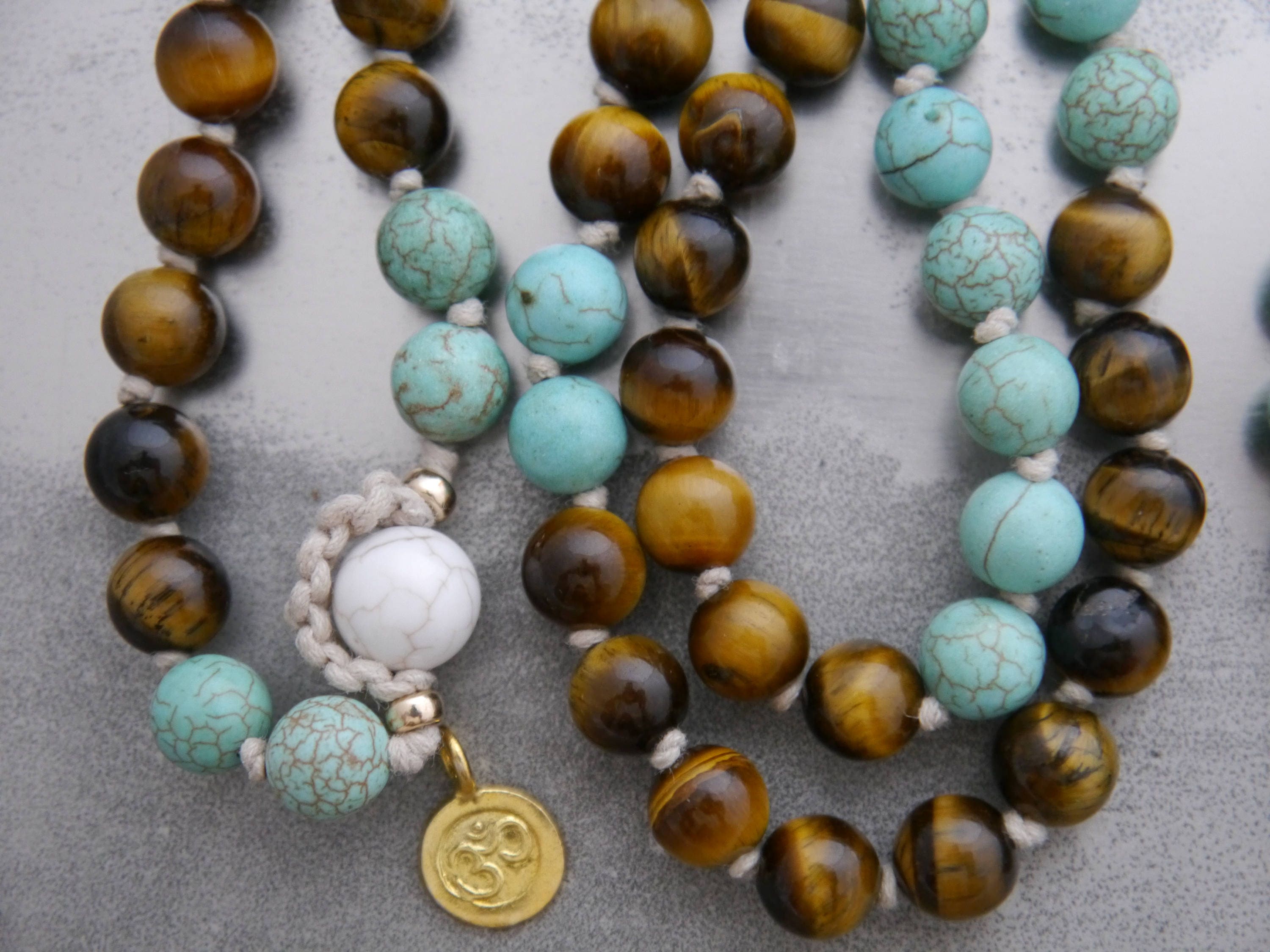 Tiger's Eye Turquoise Magnesite 108 Mala Beads, Hand Knotted