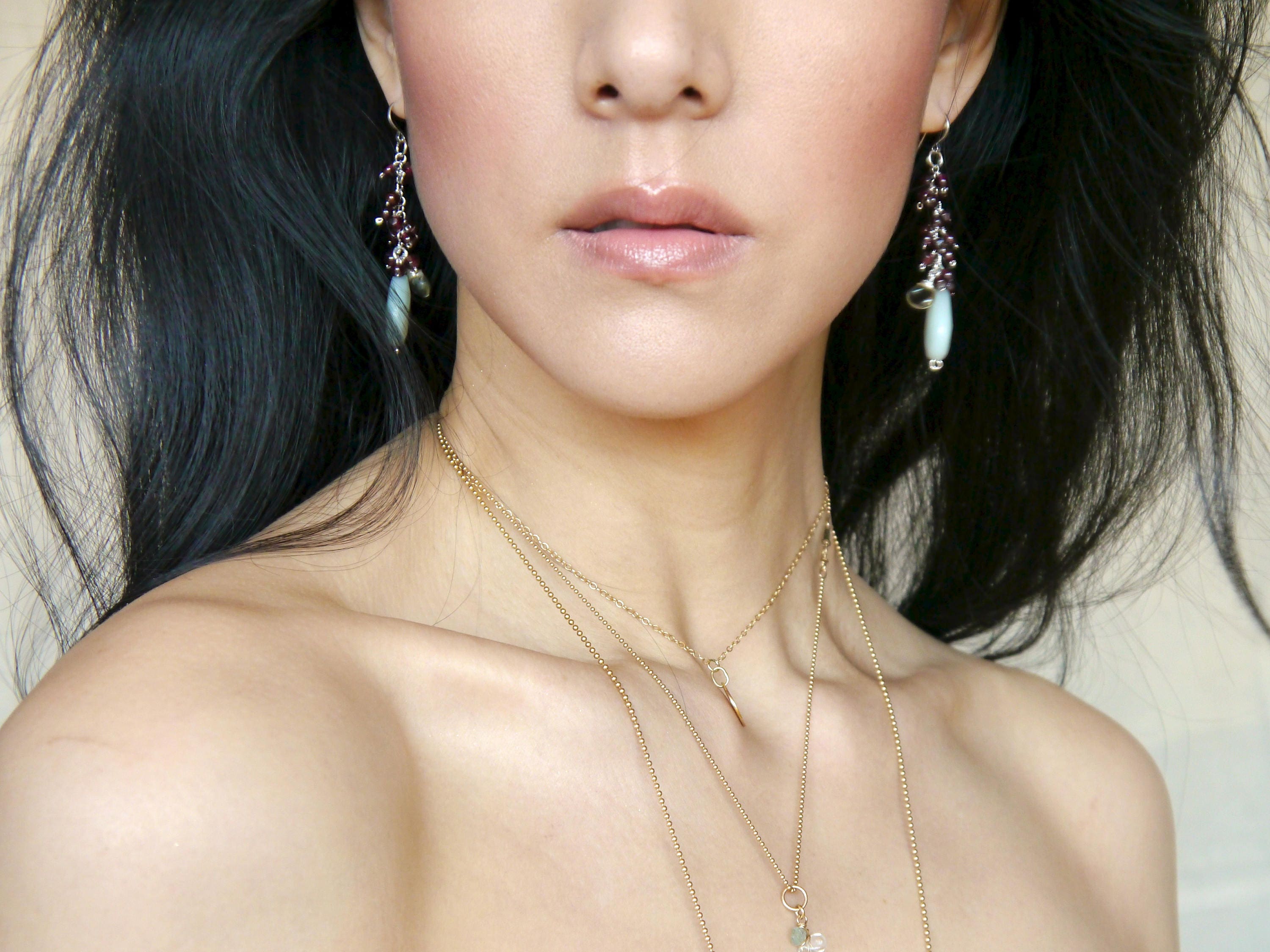 Amazonite Garnet Cluster Long Dangle Gemstone Earrings, Sterling Silver, Bohemian Style
