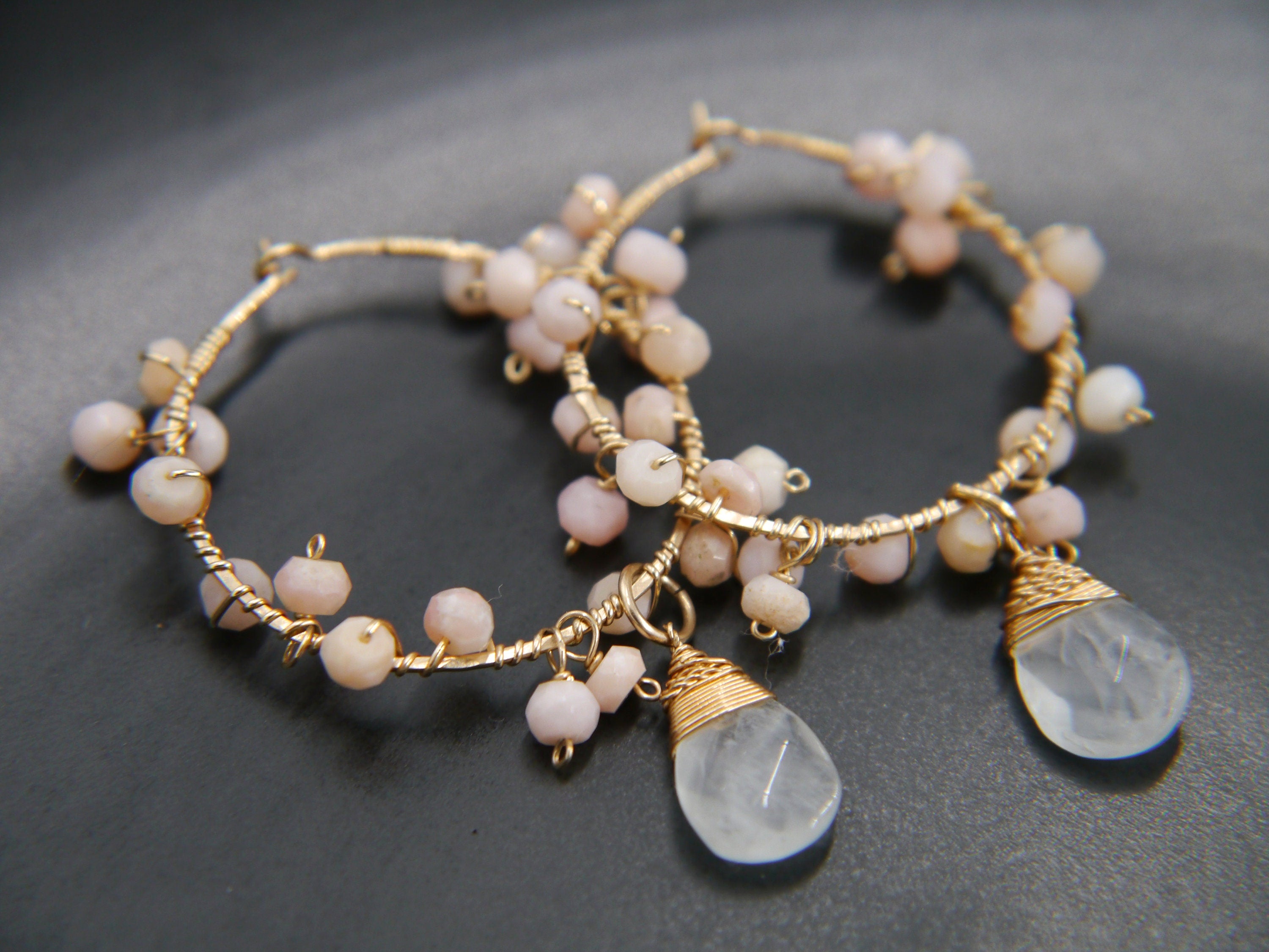 Aquamarine Pink Opal Floral Hoop Gemstone Earrings, 14K Gold Filled Bridal