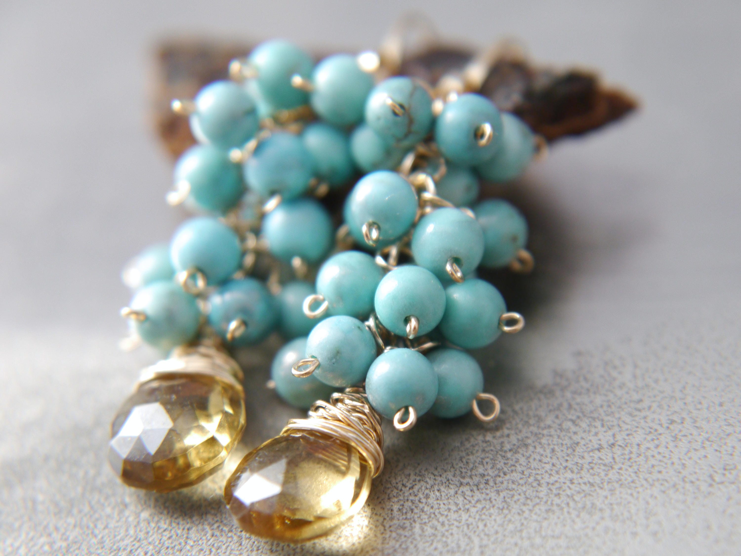 Beer Quartz Turquoise Magnesite Cluster, Gemstone Earrings, 14K Gold Filled Bohemian Jewelry