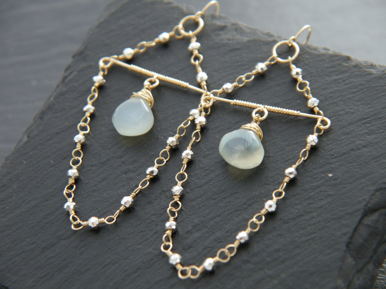 Aqua Chalcedony Chandelier Gemstone Earrings, 14K Gold Filled Bohemian Style
