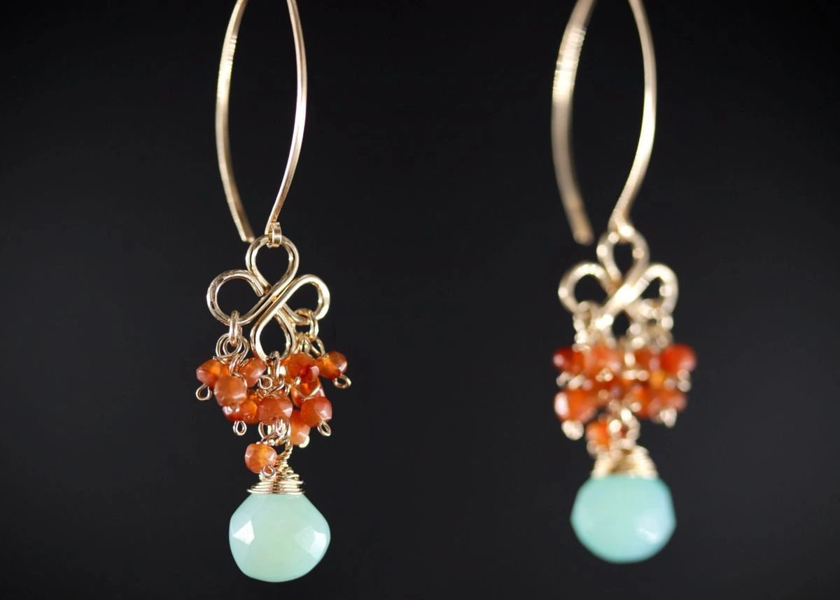 Aqua Chalcedony Carnelian Cluster Earrings, 14K Gold Filled Briolette Dangle, Artisan Jewelry