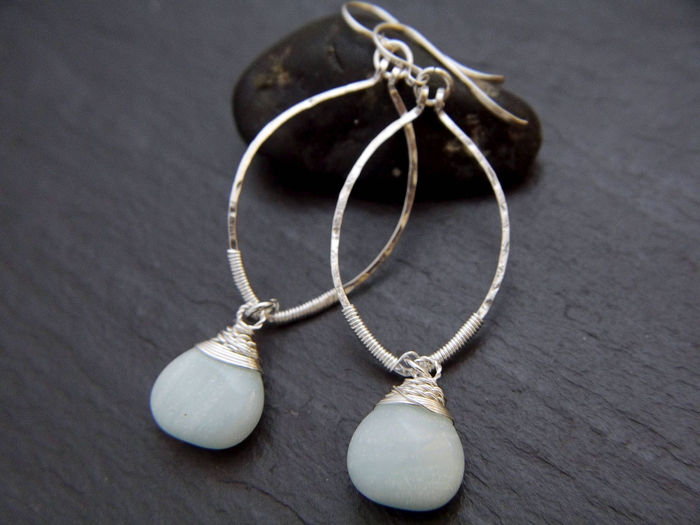 Amazonite Leaf Hoop Gemstone Earrings, Sterling Silver, Nature Inspired