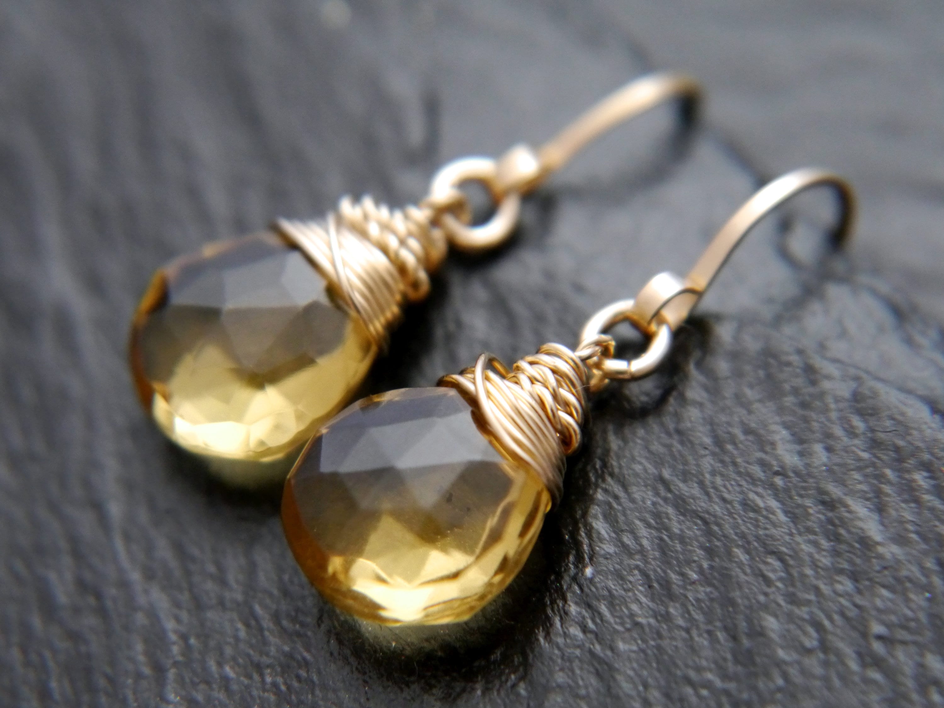 Beer Quartz Drop Earrings, Gold Filled Wire Wrapped Gemstone Wedding Bride