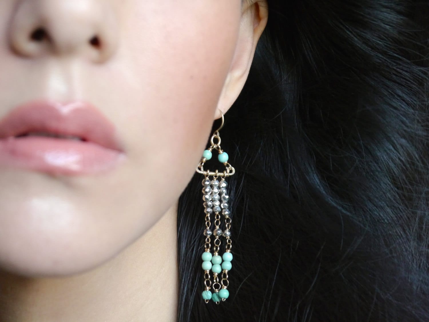 Turquoise Magnesite Pyrite Chandelier Gemstone Earrings, 14K Gold Filled