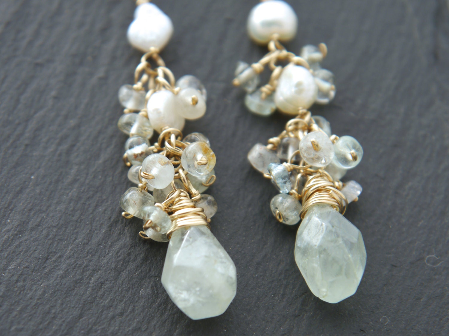 Aquamarine Pearl Long Dangle Vine Gemstone Earrings, 14K Gold Filled Bridal Jewelry