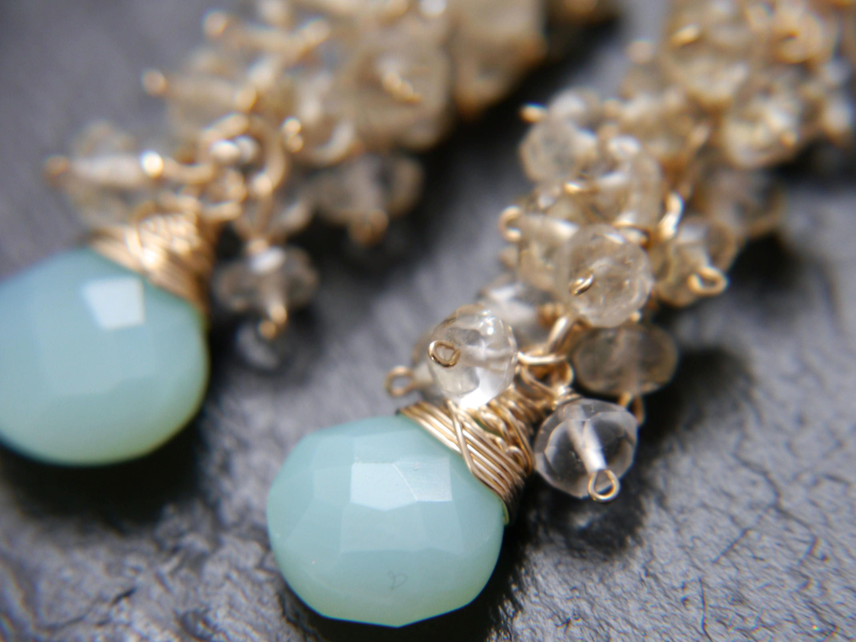 Aqua Chalcedony Citrine Cluster Vine Gemstone Earrings, 14K Gold Filled Bohemian Chic