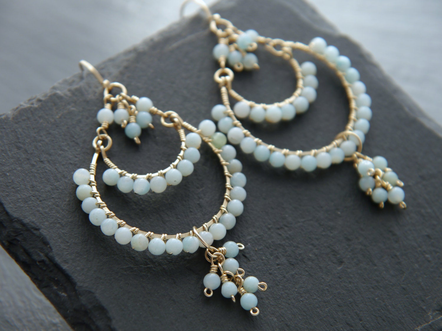 Amazonite Tiered Chandelier Earrings, 14K Gold Filled Layered Dangle, Bohemian Bridal