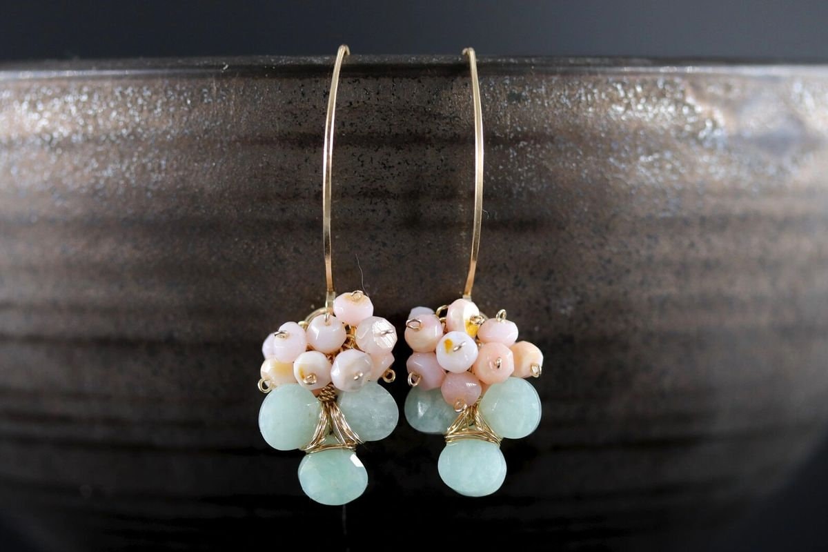Pink Opal Amazonite Earrings, 14 Gold Filled Teardrop Bohemian Floral