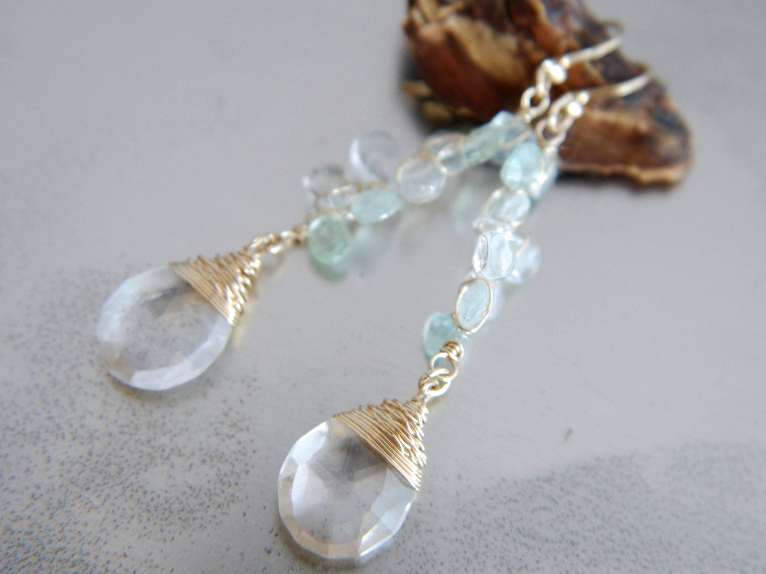 Aquamarine Teardrop Long Dangle Floral Gemstone Earrings, 14K Gold Filled Botanical