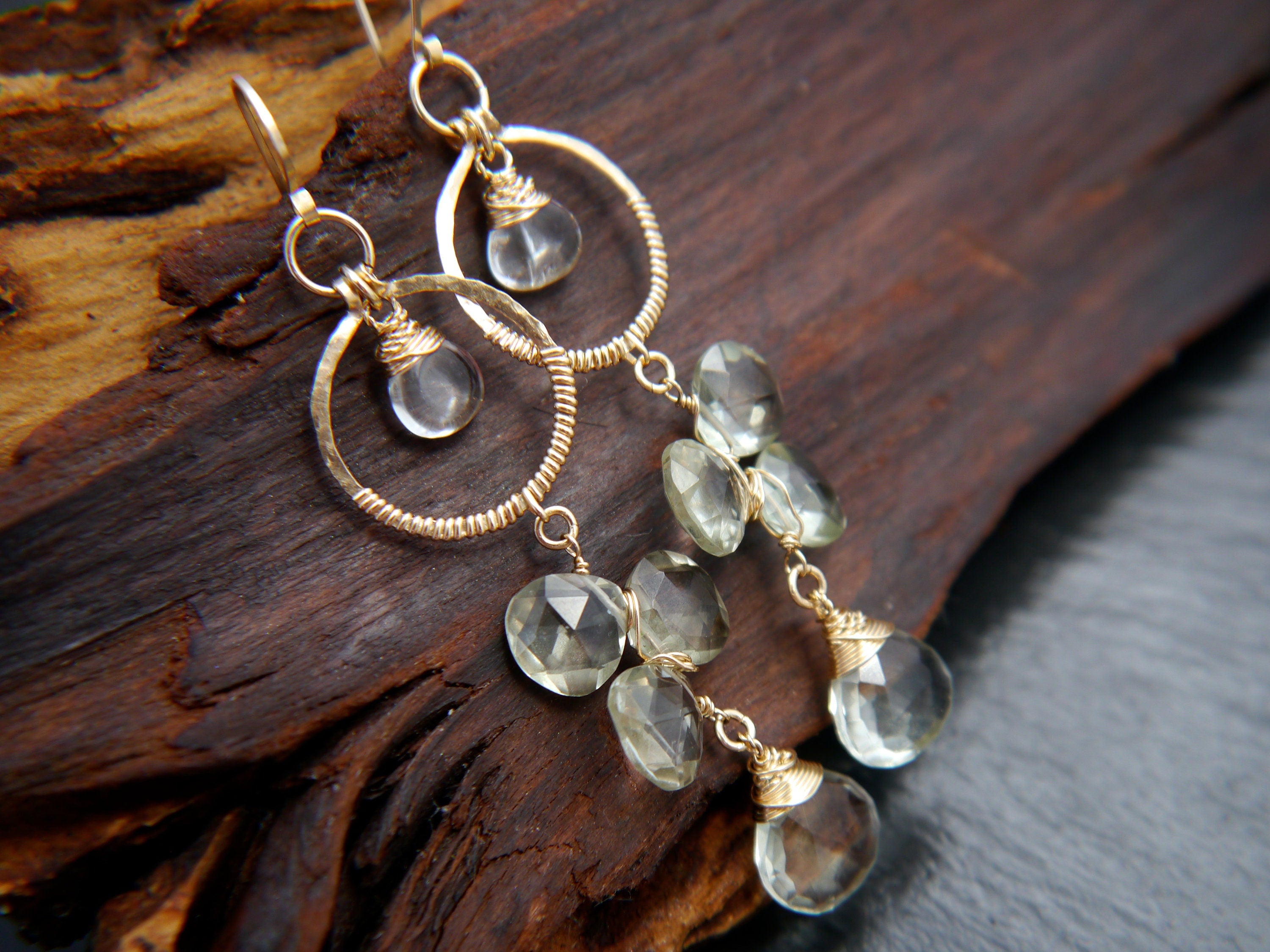 Green Amethyst Long Dangle Floral ChandelierGemstone Earrings, 14K Gold Filled Bridal