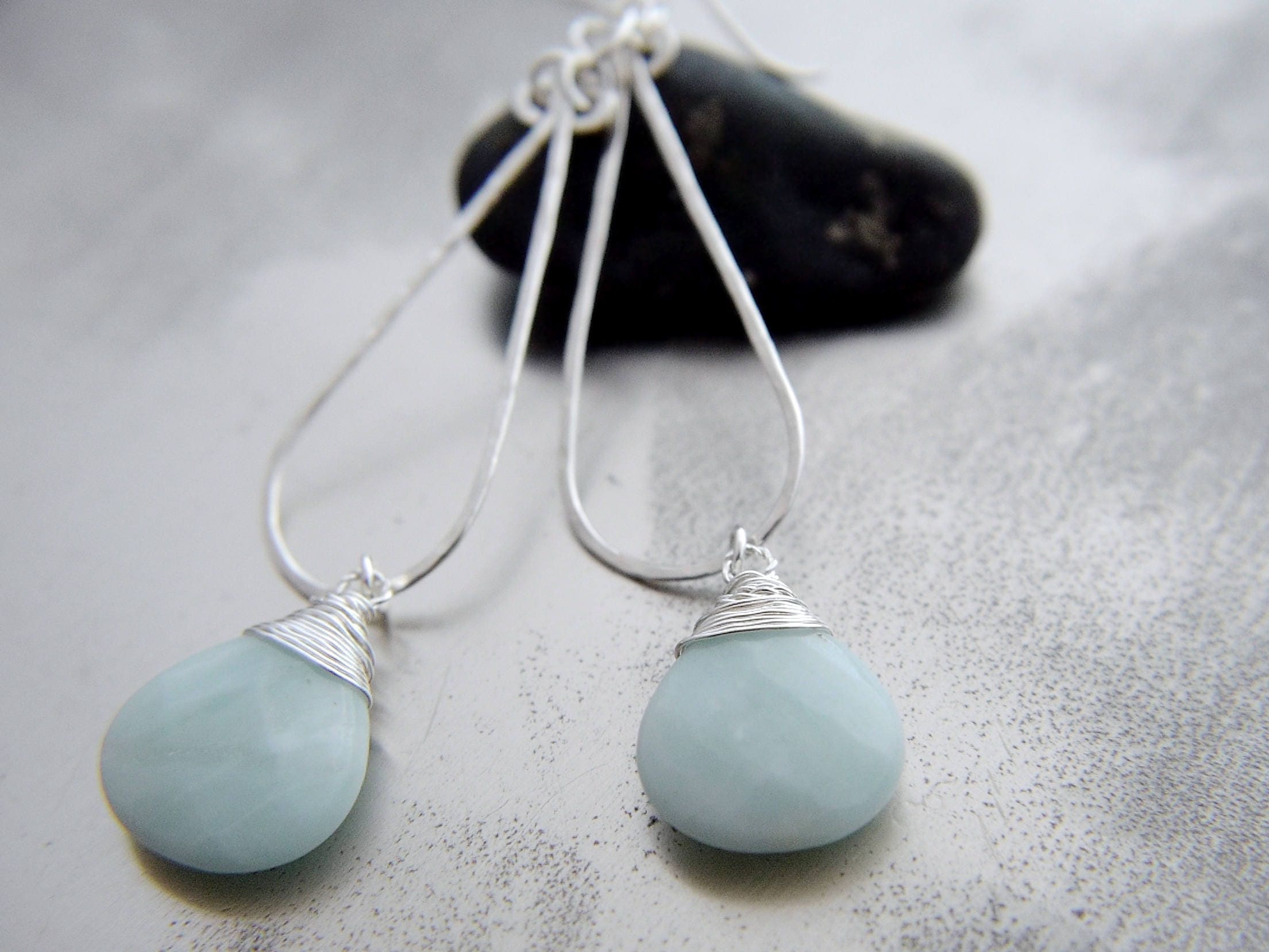 Aqua Amazonite Long Teardrop Hoop Gemstone Earrings, Sterling Silver
