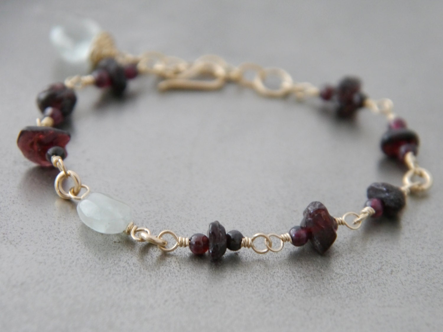 Garnet Aquamarine 14K Gold Filled Rosary Chain Gemstone Bracelet Boho Jewelry