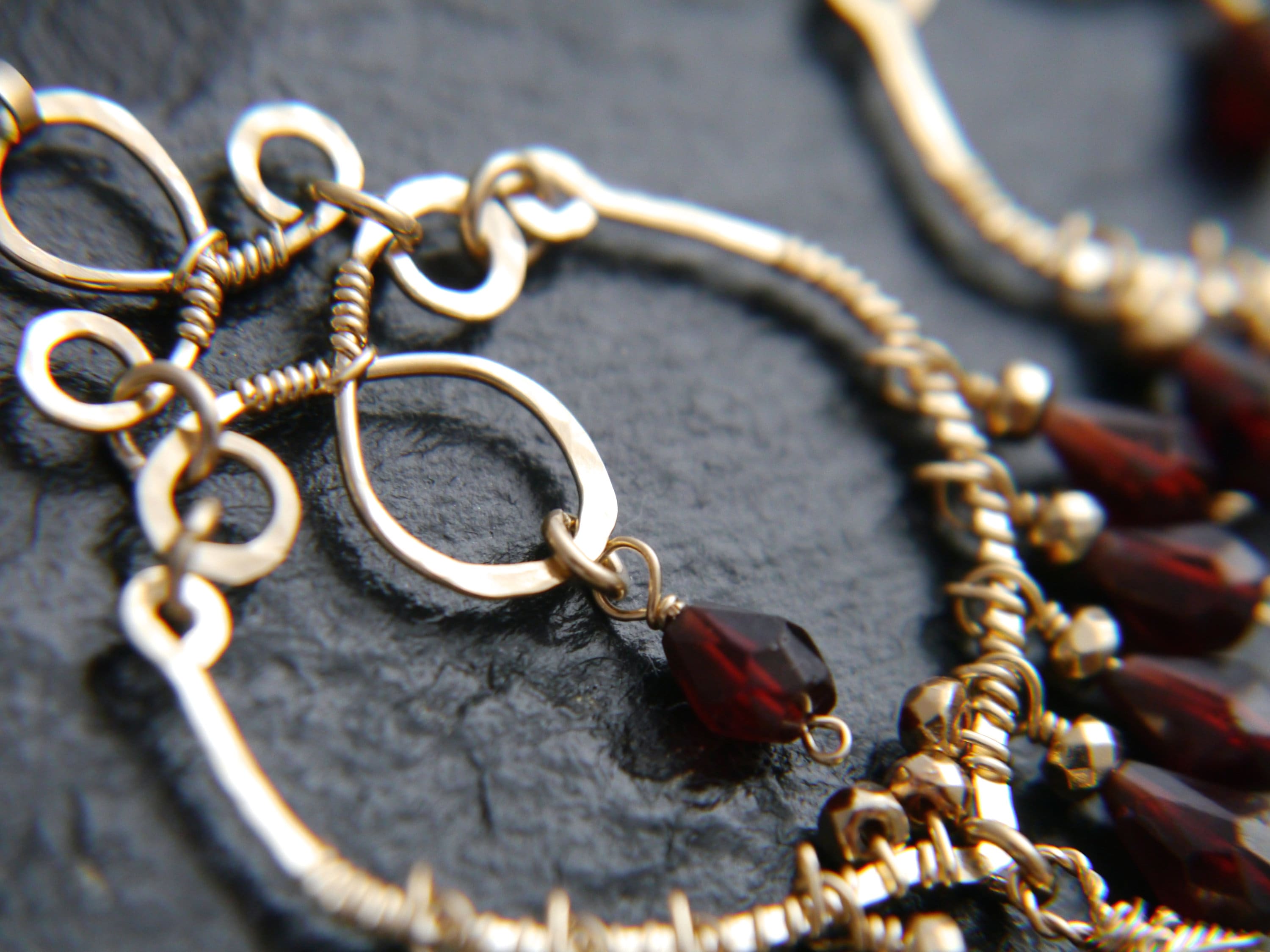 Garnet Aquamarine Boho Chandelier Earrings, 14K Gold Filled Fringe Dangle, Statement Jewelry