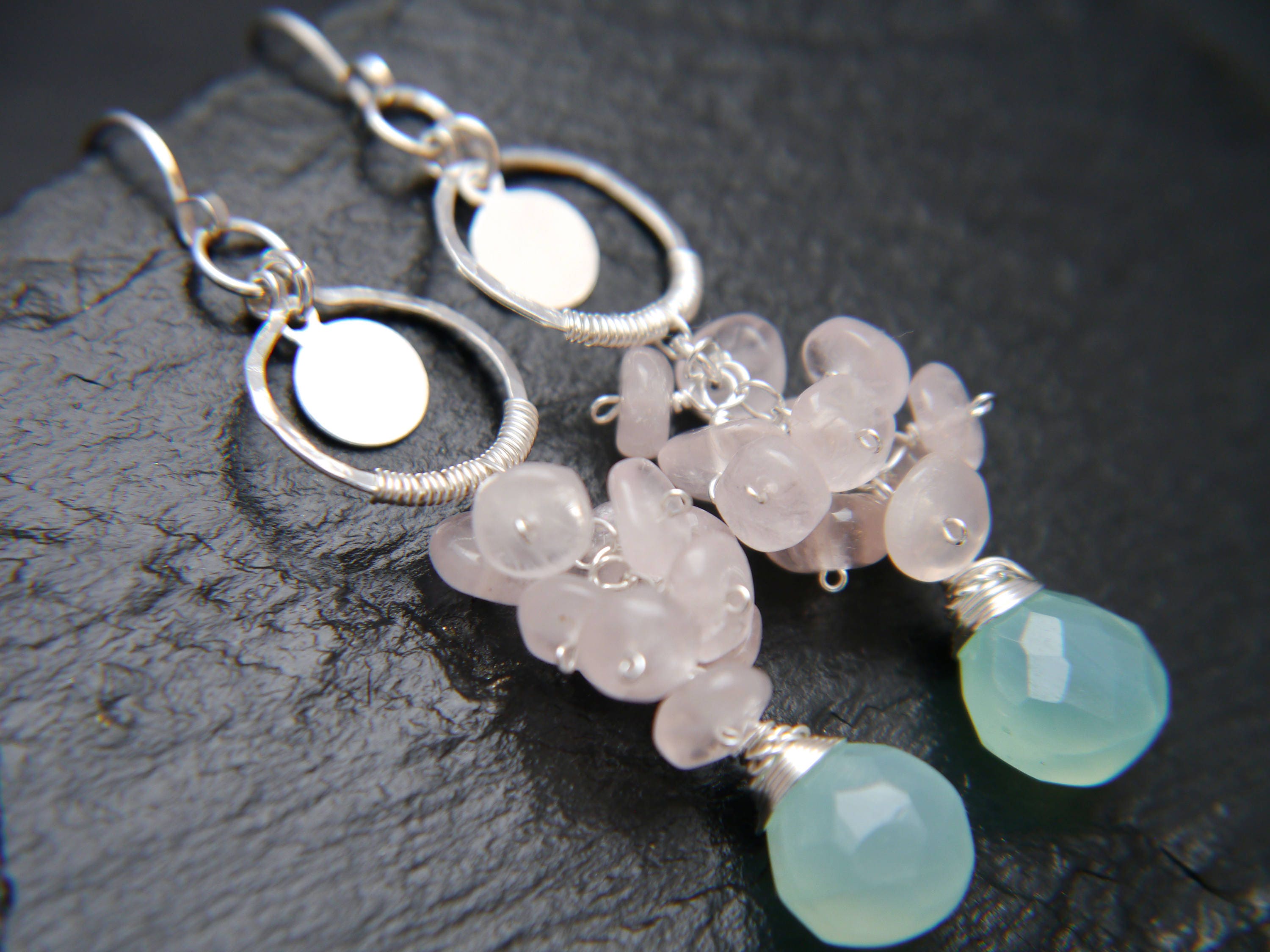 Aqua Chalcedony Rose Quartz Floral Cluster Long Dangle Gemstone Earrings, Sterling Silver