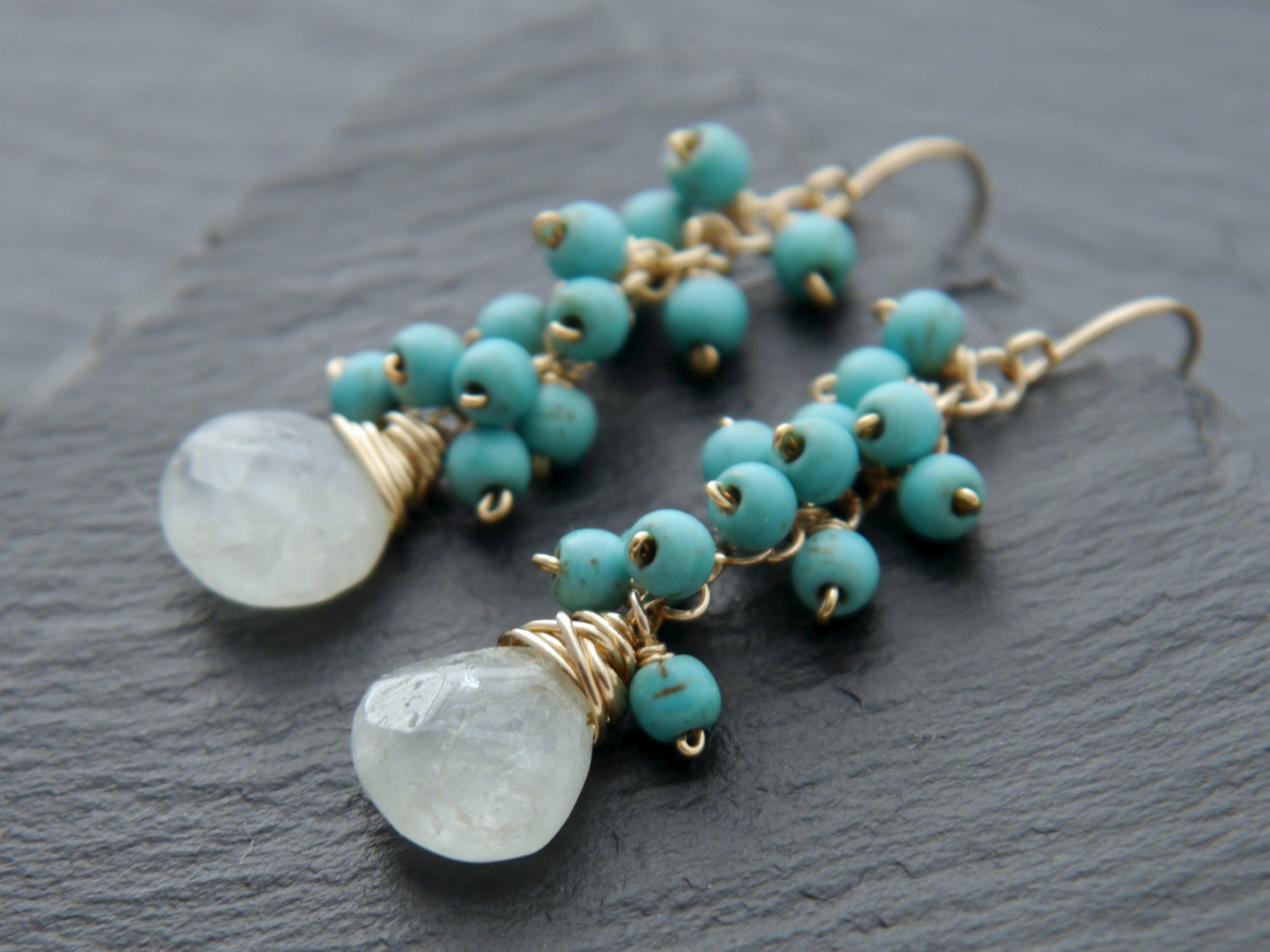 Aquamarine Turquoise Magnesite Cluster Dangle Gemstone Earrings, 14K Gold Filled Boho