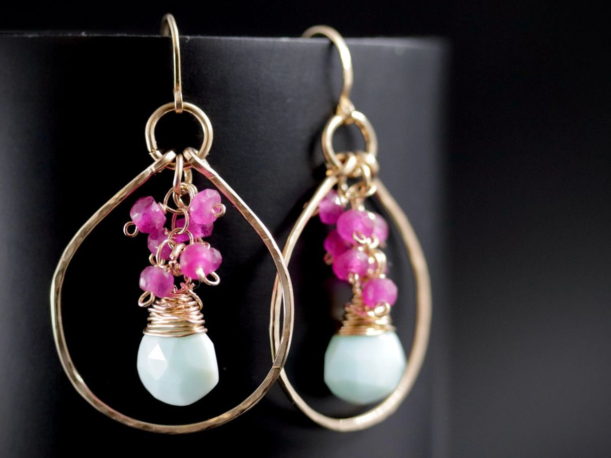 Peruvian Opal Ruby Floral Gemstone Earrings, 14K Gold Filled Bohemian Jewelry