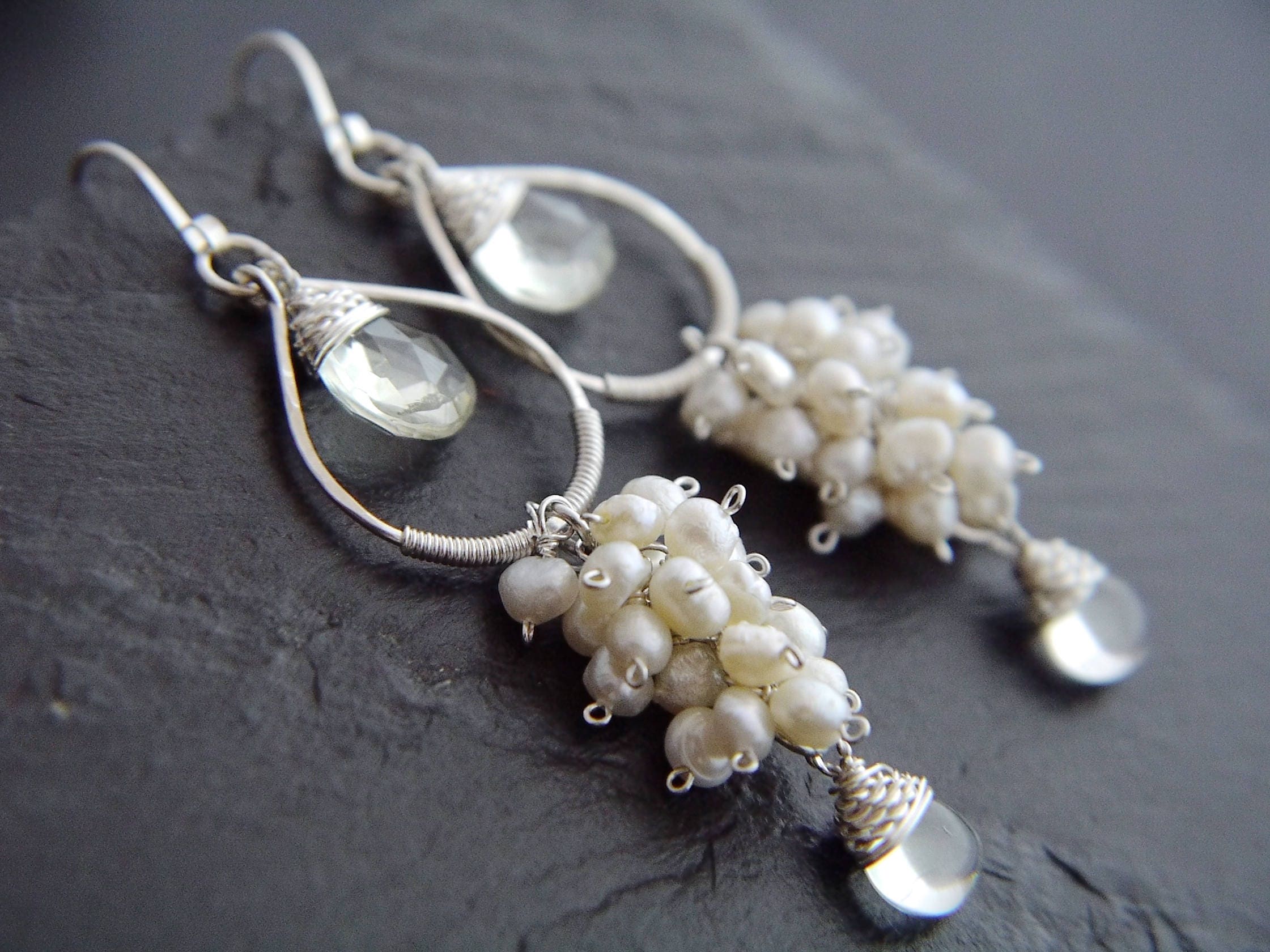 Pearl Quartz Chandelier Gemstone Earrings, Sterling Silver, Nature Inspired Wedding