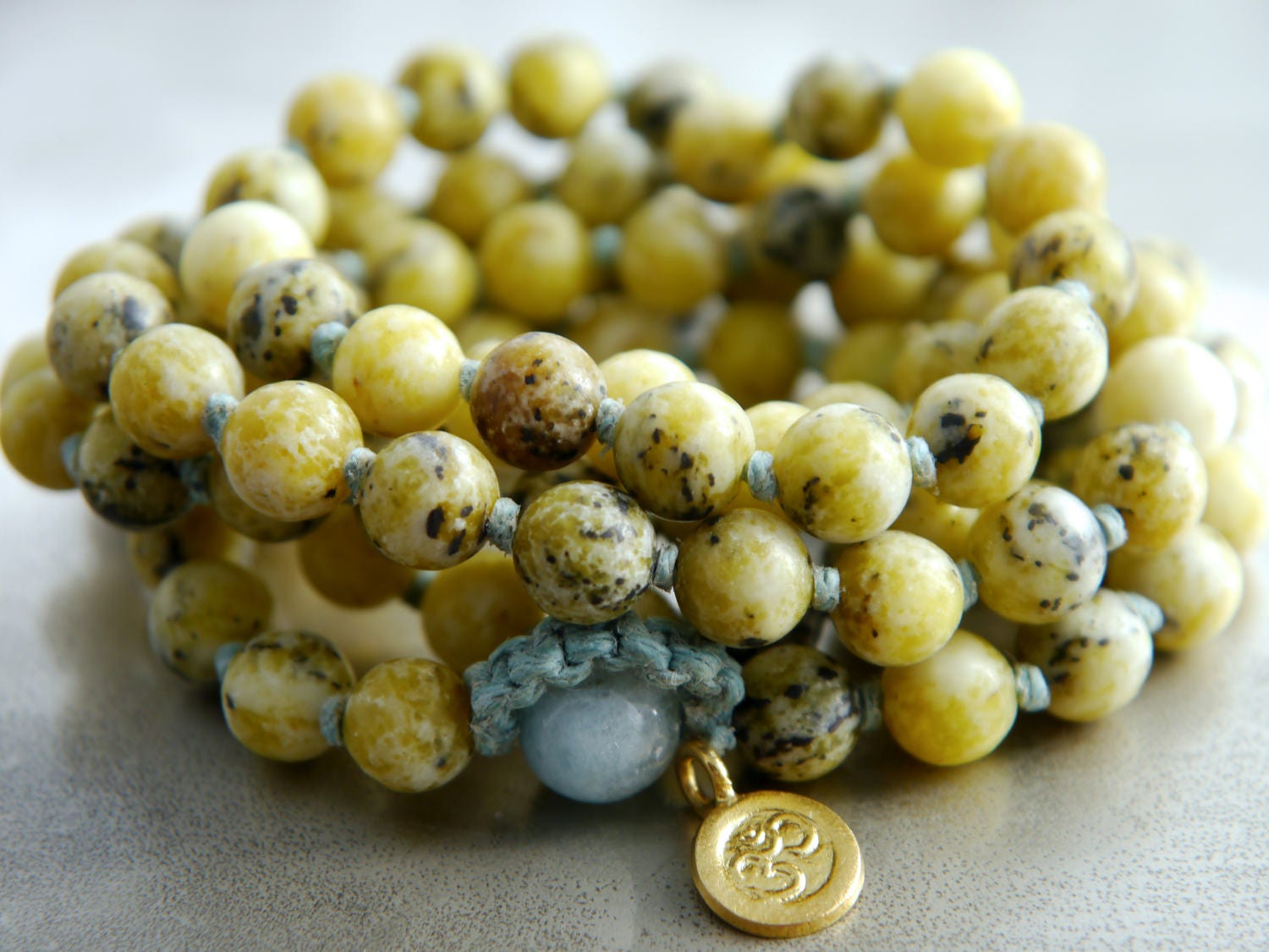 Yellow Turquoise Aquamarine Mala Beads, 108 Gemstone Beads, Wrap, Hand Knotted