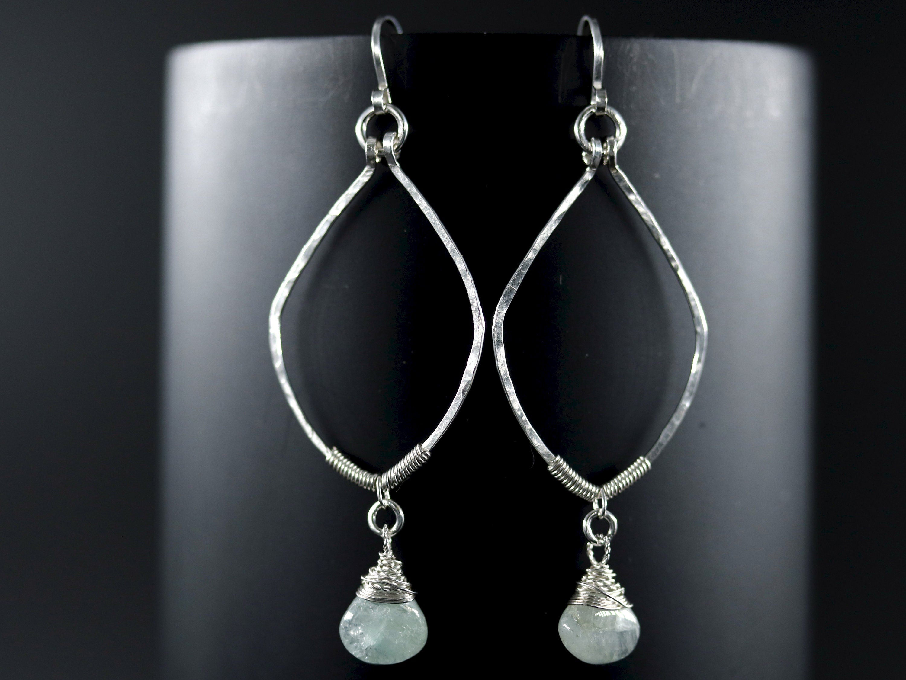 Aquamarine Leaf Dangle Gemstone Earrings, Sterling Silver, Nature Inspired