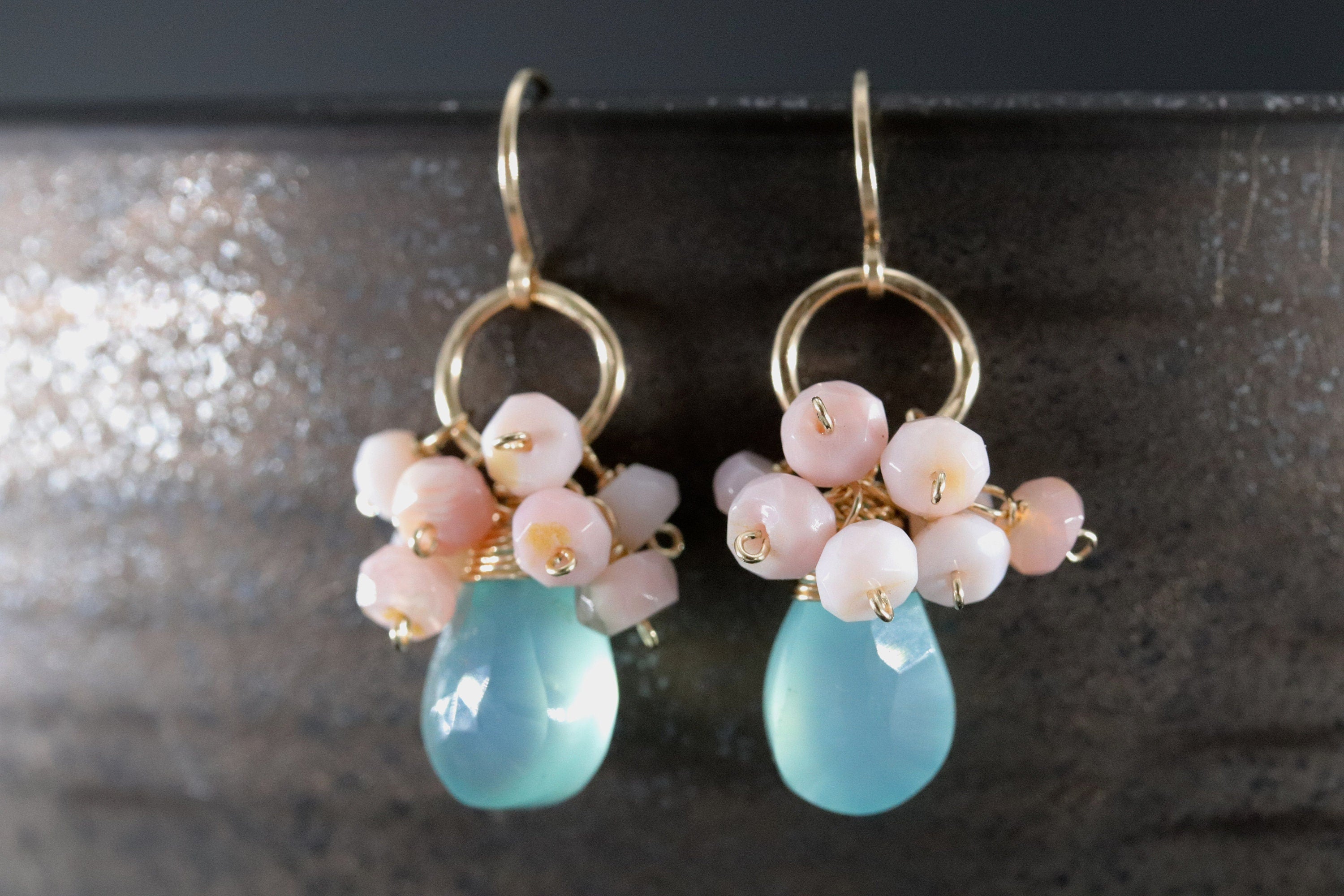Aqua Chalcedony Briolette Pink Opal Cluster Gemstone Earrings, 14K Gold Filled Botanical Style